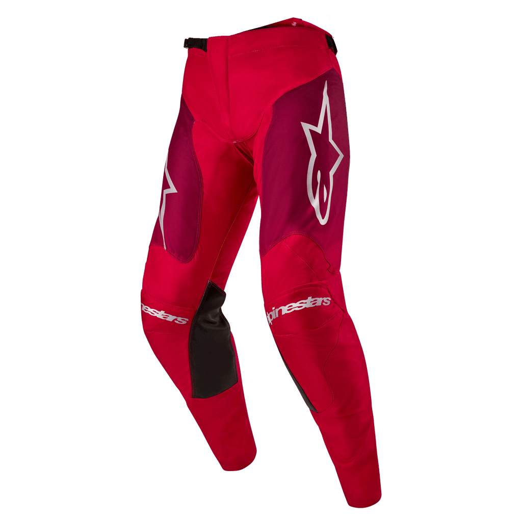 Alpinestars 2024 Racer Hoen Pants, Motocross Pants, Mars Red Burgundy, featuring burgundy thigh panels and white Alpinestars branding on the knees and hips, black inner knee grip panels, sporty pre-curved design for off-road performance