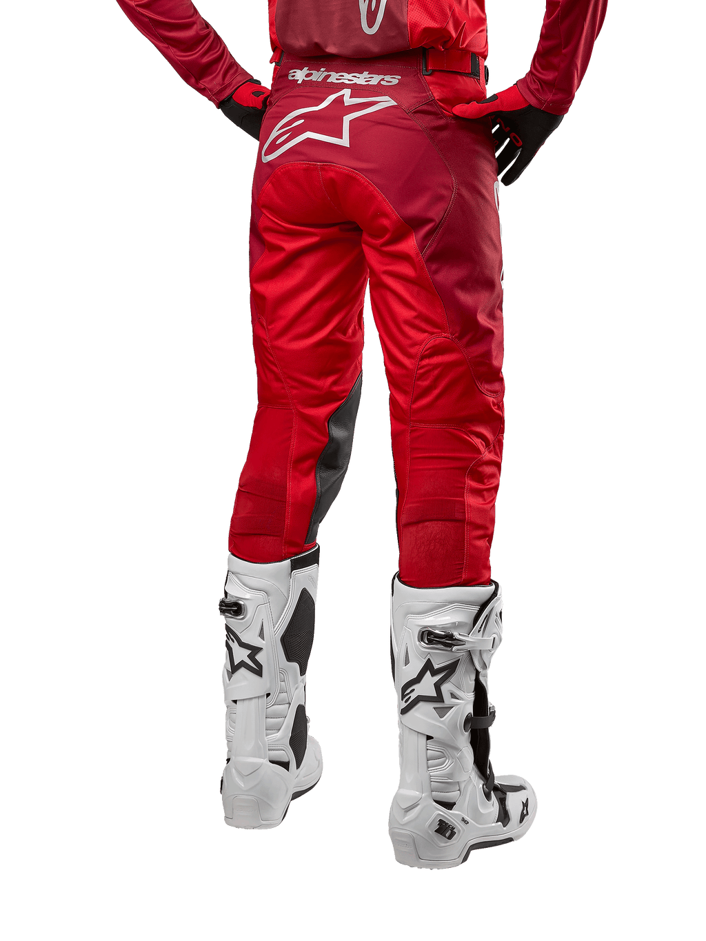 Alpinestars 2024 Racer Hoen Pants, Motocross Pants, Mars Red Burgundy, back view showing a large white Astar logo on the rear, black inner knee panels, worn with white motocross boots, high-performance off-road gear
