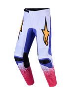 Alpinestars Fluid Drag Pants, white and blue motocross pants with pink speckled graphics and yellow star logo.
