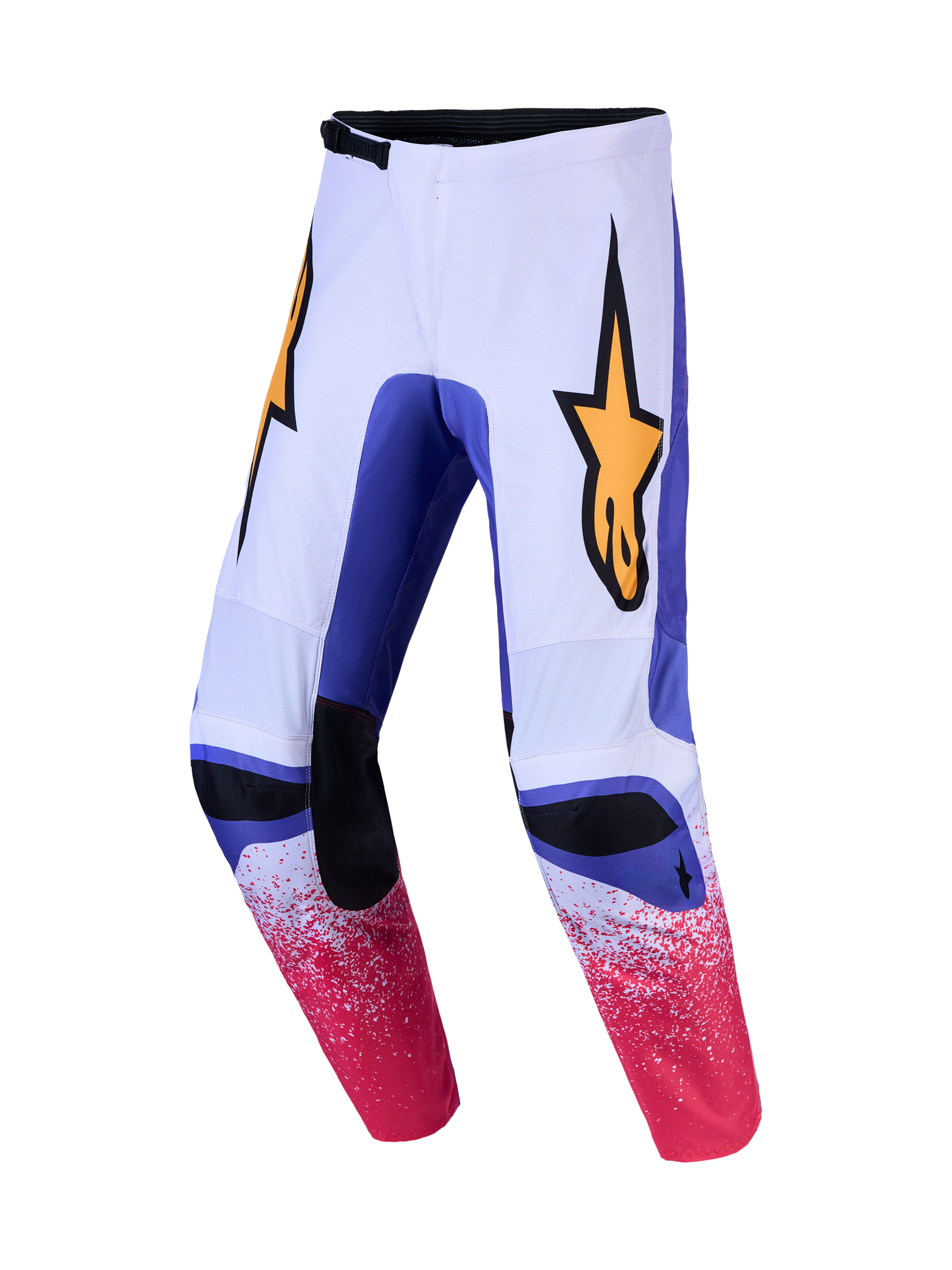 Alpinestars Fluid Drag Pants, men's motocross pants in Light Lilac and Blue Iris with Gold logos and pre-curved construction.