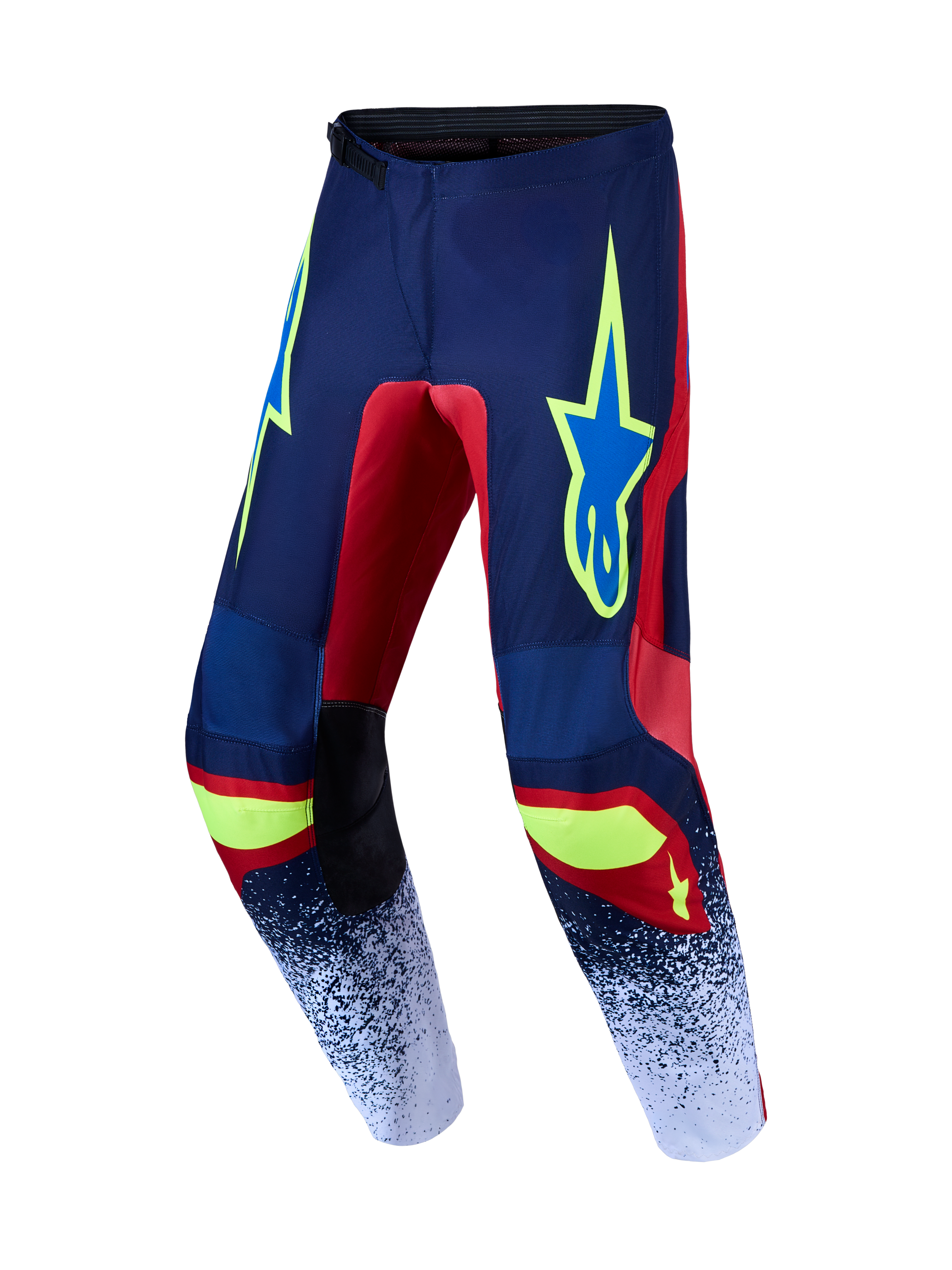 Alpinestars 2027 Fluid Drag Motocross Pants in Navy Blue and Red with protective polyfabric and neon yellow accents.