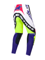 Alpinestars Limited Edition Supertech Dirt Studios Pants, motocross pants, White, Purple, and Yellow Fluo, single-layer stretch rip-stop construction with leather knee panels, rear view showing brand graphics