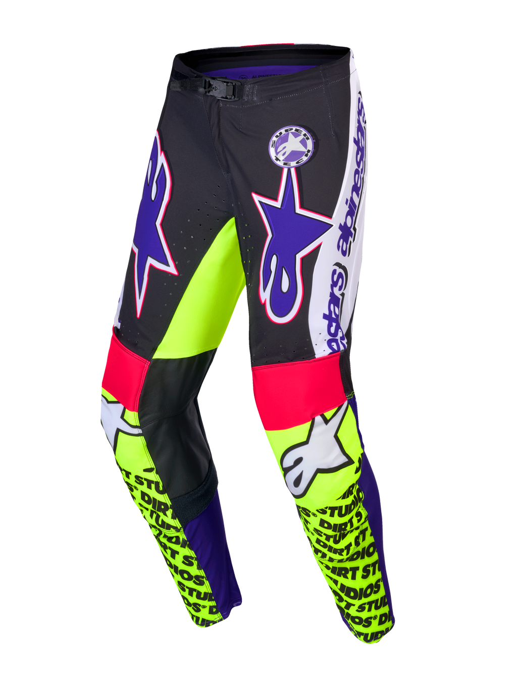 Alpinestars Limited Edition Supertech Dirt Studios Pants, Motocross Racing Pants, White, Purple, and Yellow Fluo, single-layer stretch rip-stop fabric with leather knee panels