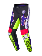 Alpinestars Limited Edition Supertech Dirt Studios Pants, Motocross Racing Pants, White, Purple, and Yellow Fluo, single-layer stretch rip-stop fabric with leather knee panels