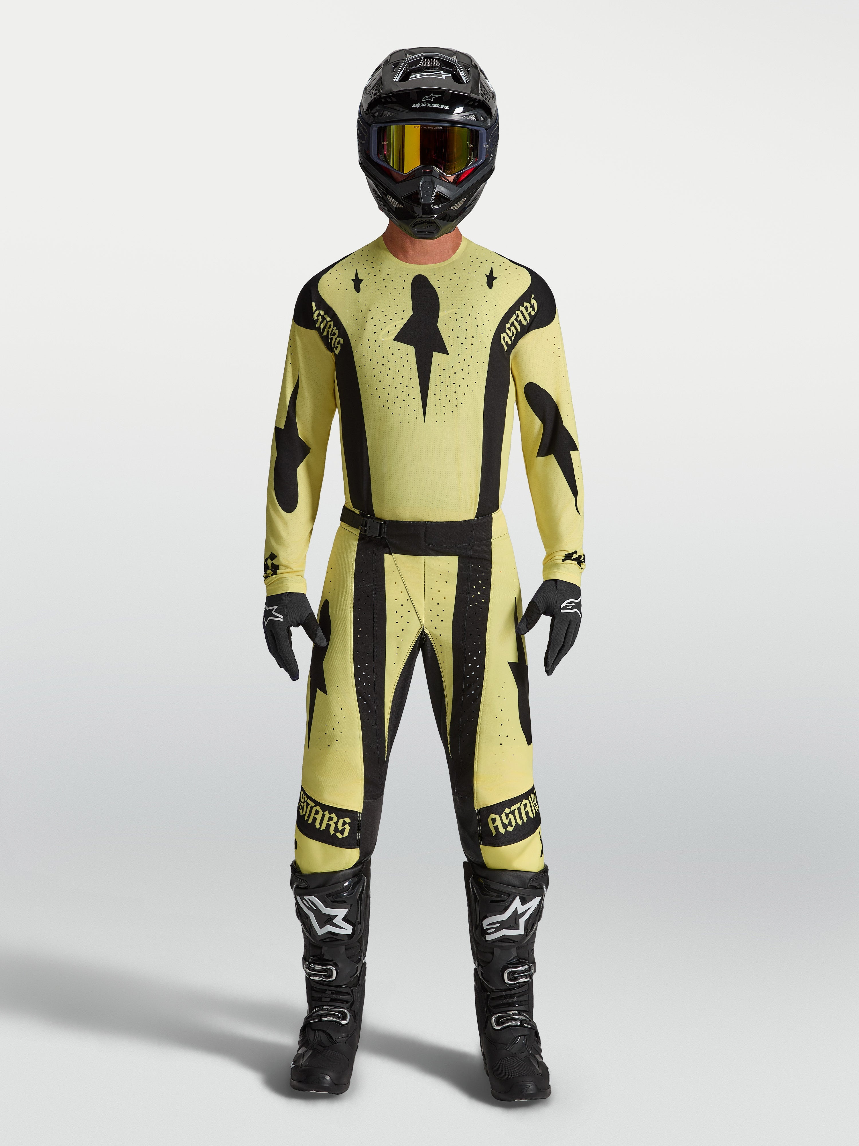 Alpinestars Techstar Atrox Pants AND Techstar Atrox Gear Set, Men's yellow and black motocross outfit with jersey.