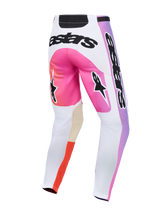 Alpinestars 2026 Racer Air Portl Pants, Motocross Pants, Multicolor White Pink and Purple, Rear view featuring black Astars logos, tan leather inner knee panels, and perforated poly-fabric for off-road performance.