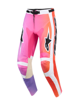 Alpinestars 2026 Racer Air Portl Pants, Motocross Pants, Pink, Orange, and Purple Multicolor, featuring white side panels, black Alpinestars logos, perforated zones for ventilation, and tan leather inner knee reinforcements.