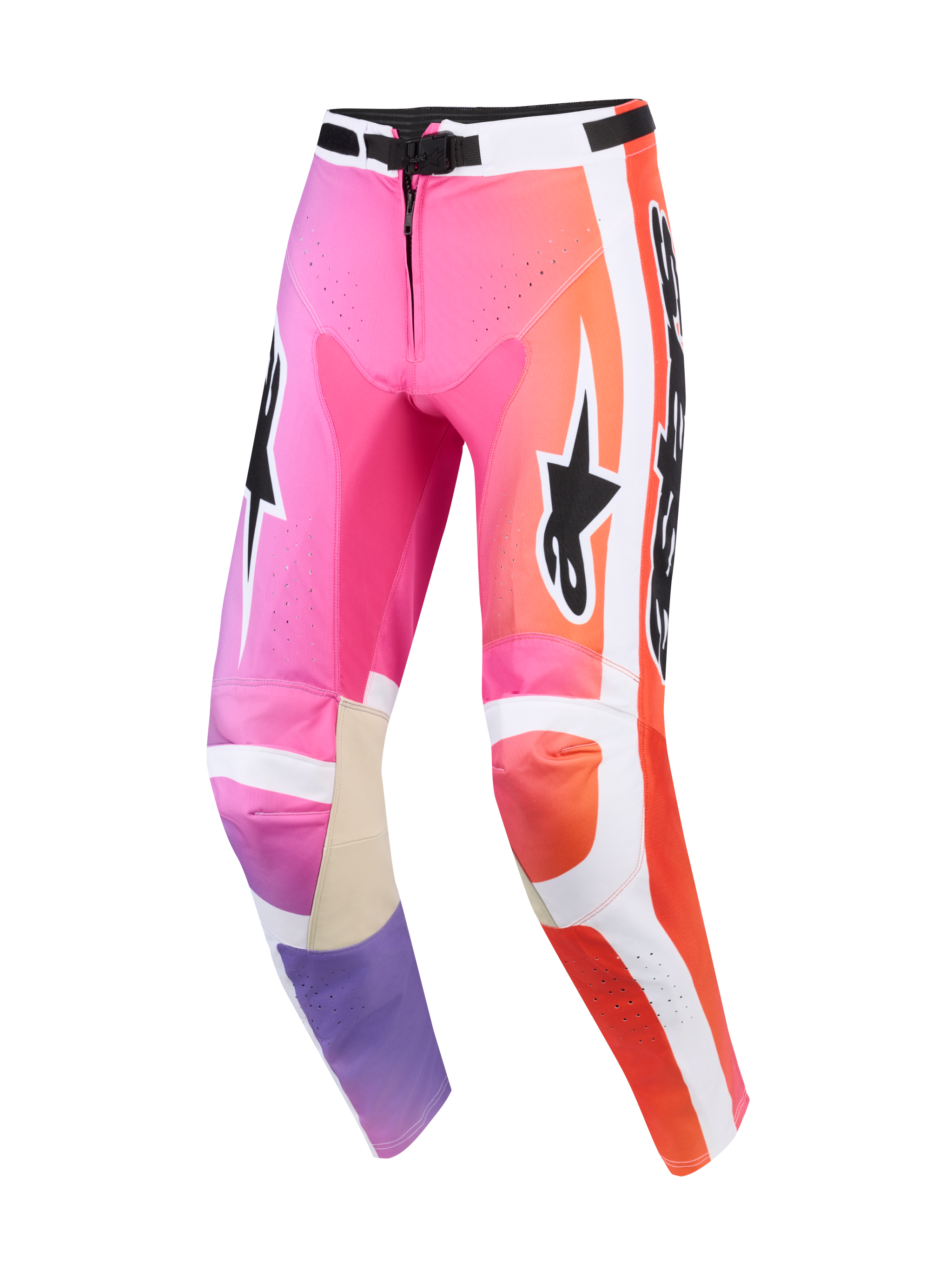 Alpinestars 2026 Racer Air Portl Pants, Motocross Pants, Pink, Orange, and Purple Multicolor, featuring white side panels, black Alpinestars logos, perforated zones for ventilation, and tan leather inner knee reinforcements.