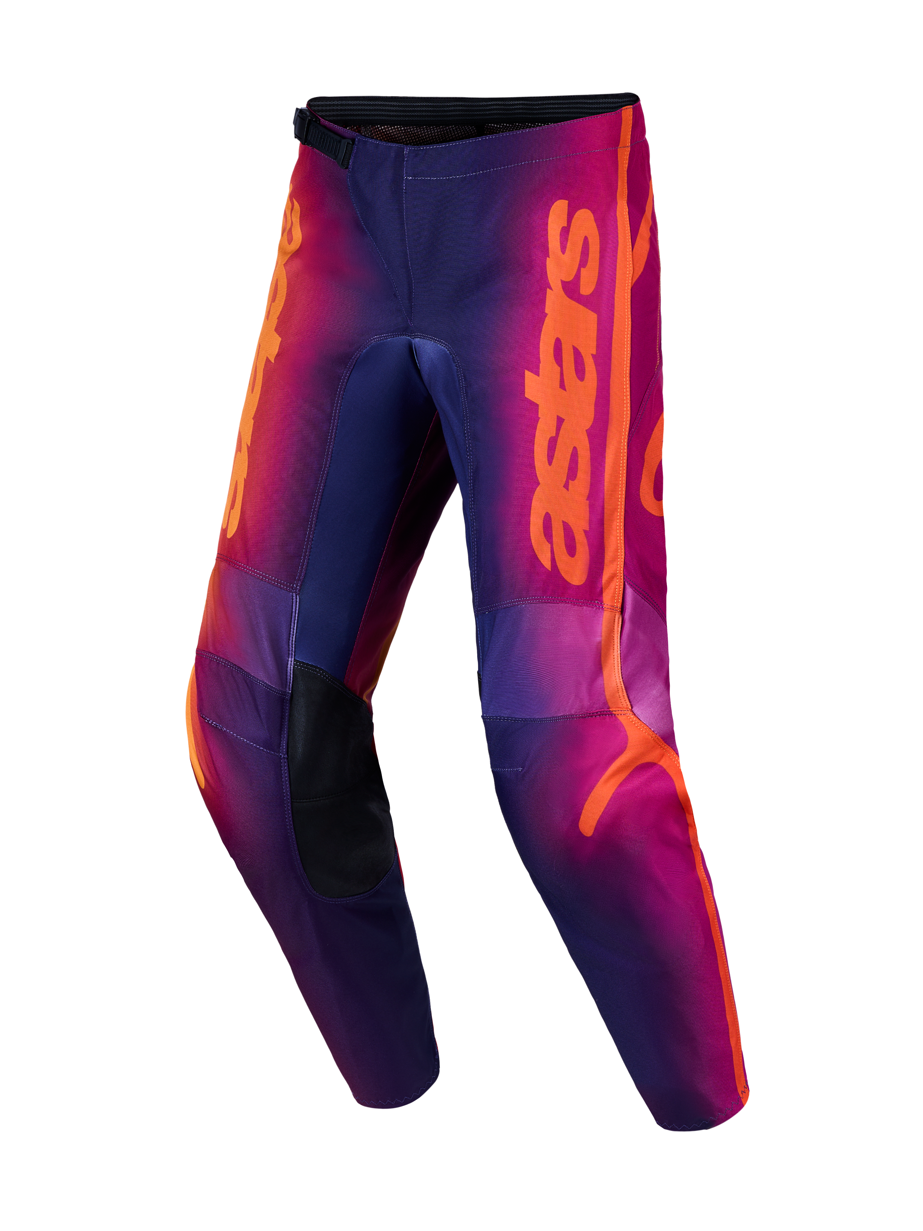 Alpinestars Fluid Kepler MX Pants, purple and orange motocross gear with reinforced knees and ergonomic 3D pattern.