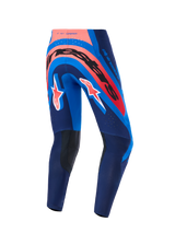 Alpinestars 2026 Supertech Vista Pants, Motocross Pants, Dark Navy Hot Coral and Cobalt, back view with bold branding across the seat and A-star logos on legs, featuring dark reinforced inner knee panels and laser-cut perforations for airflow