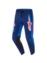 Alpinestars 2026 Supertech Vista Pants, Motocross Pants, Dark Navy Hot Coral Cobalt, featuring a large coral Astars logo on the thighs, bright blue side panels, black leather inner knee reinforcements, and laser-cut perforations for ventilation, designed for elite performance racing.