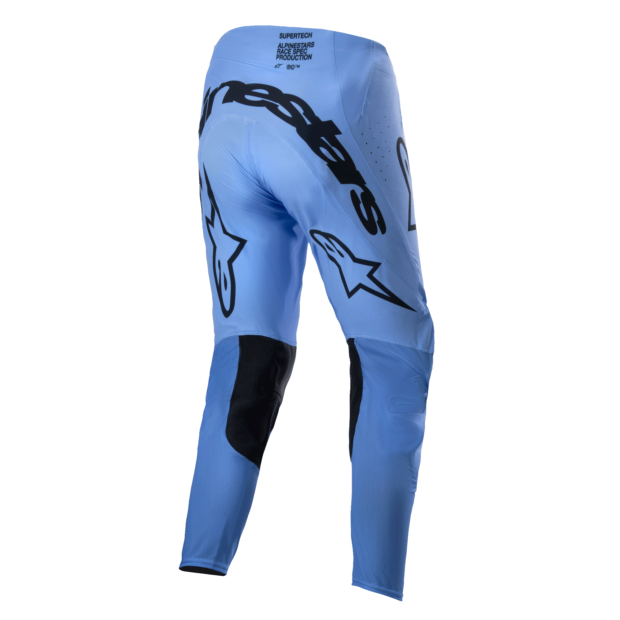 Alpinestars 2024 Supertech Dade Pants, Motocross Pants, Light Blue, rear view showing large black Alpinestars branding across the seat, star logos on the back of the legs, black reinforced inner knee panels, and perforated ventilation zones.