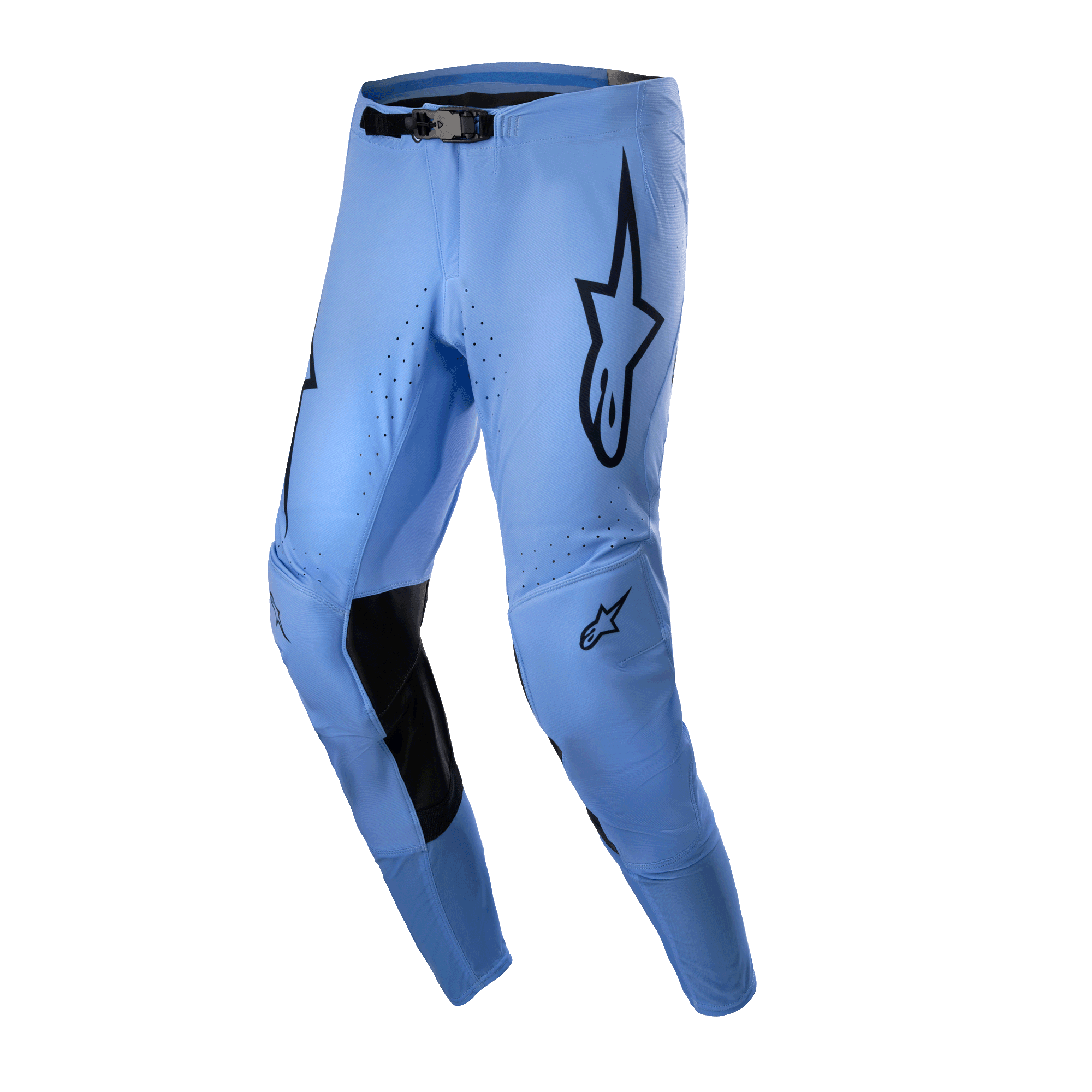Alpinestars 2024 Supertech Dade Pants, Motocross Pants, Light Blue, featuring black star logos on the thighs, black inner knee reinforcements, perforated ventilation holes, and an athletic race fit design for off-road performance