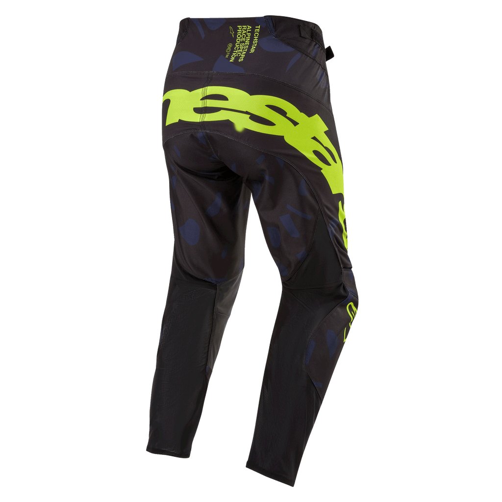 Alpinestars 2024 Techstar Rantera Pants, Motocross Pants, Black Navy and Yellow Fluo, rear view featuring bold yellow fluo branding on the seat, navy patterned panels, and technical black fabric for off-road racing performance