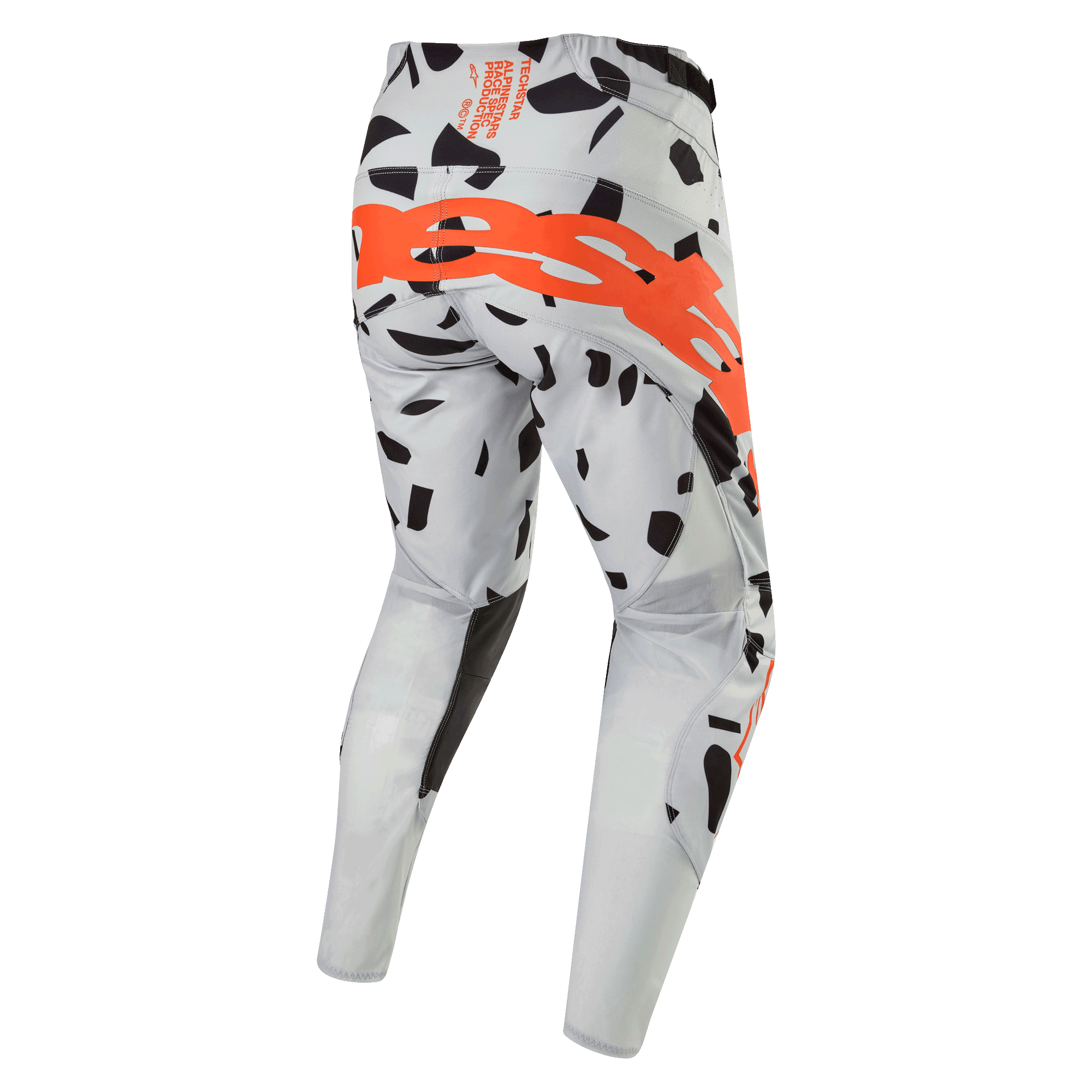 Alpinestars 2024 Techstar Rantera Pants, Motocross Pants, Haze Gray Camo, Rear view showing large orange logo across the seat, black graphic patterns on gray fabric, athletic design for off-road performance