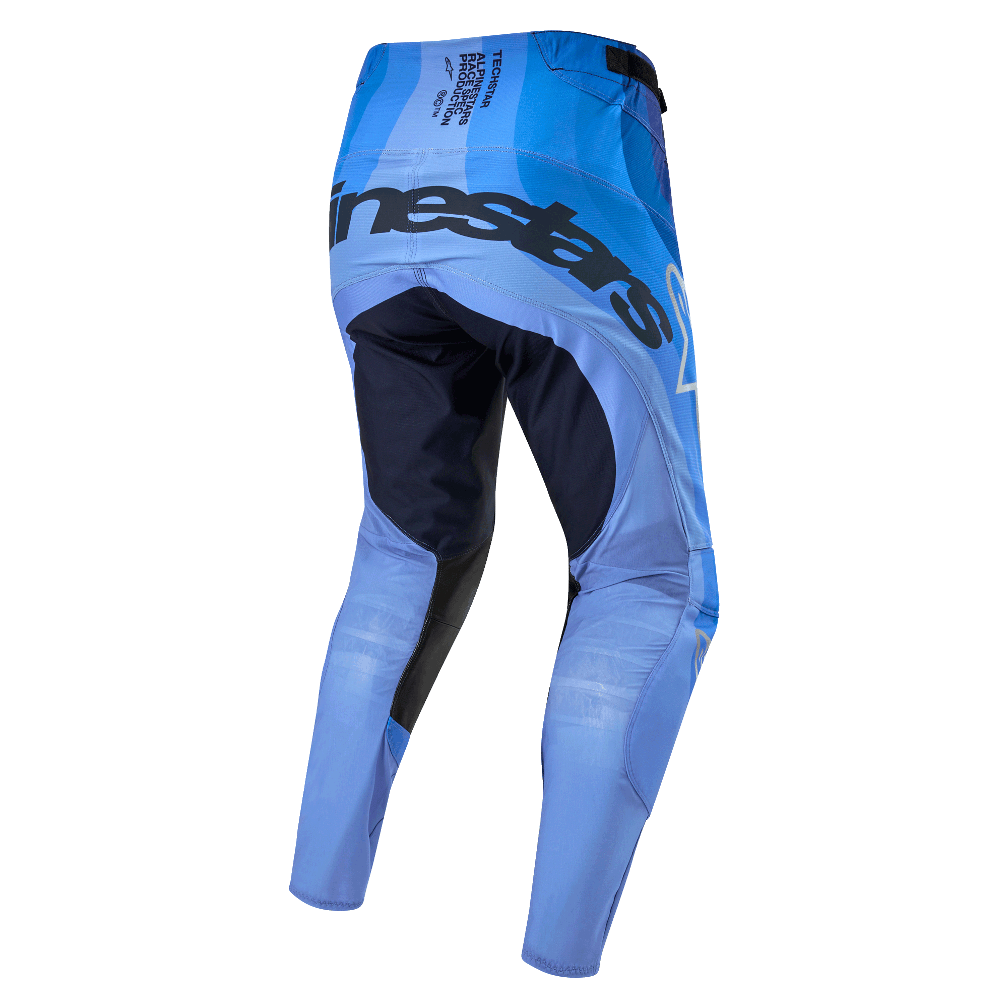 Alpinestars 2024 Techstar Pneuma Pants, Motocross Pants, Dark Navy and Light Blue, rear view featuring bold branding on the seat, dark navy reinforced inner thigh panels, and lightweight light blue chassis for off-road performance.