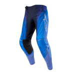 Alpinestars 2024 Techstar Pneuma Pants, Motocross Pants, Dark Navy and Light Blue, featuring a silver Alpinestars star logo on the thigh, black leather inner knee panels, and laser-cut ventilation perforations.