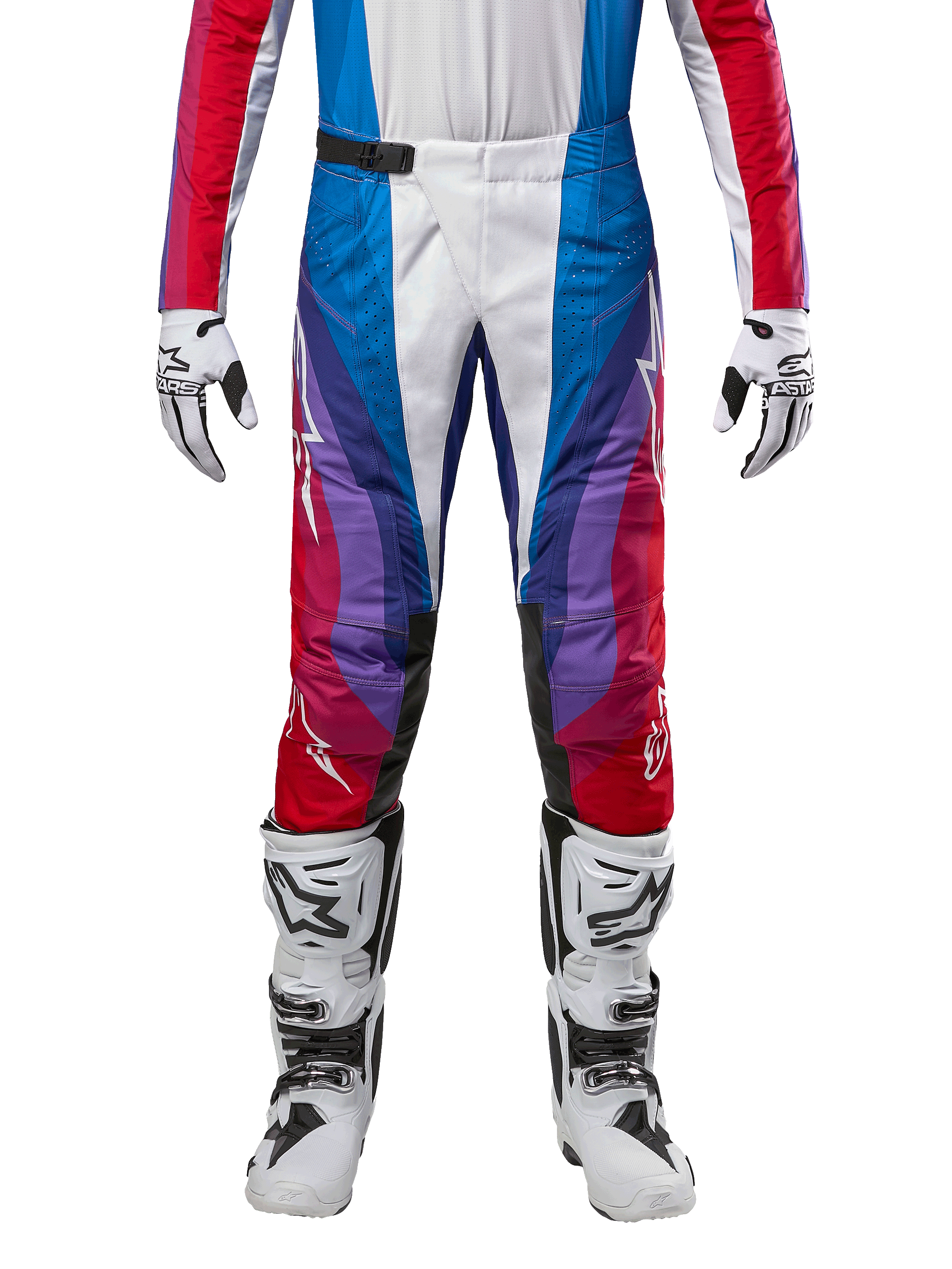Alpinestars 2024 Techstar Pneuma Pants, Motocross Pants, Blu Mars Red White, featuring a multi-colored angular design with purple accents, paired with white and black motocross boots and matching gloves, athletic racing fit for off-road performance
