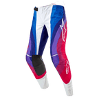 Alpinestars 2024 Techstar Pneuma Pants, Motocross Pants, Blu Mars Red White, featuring a dynamic wave pattern in shades of blue, purple, and red, white Alpinestars logos, and durable black inner knee panels