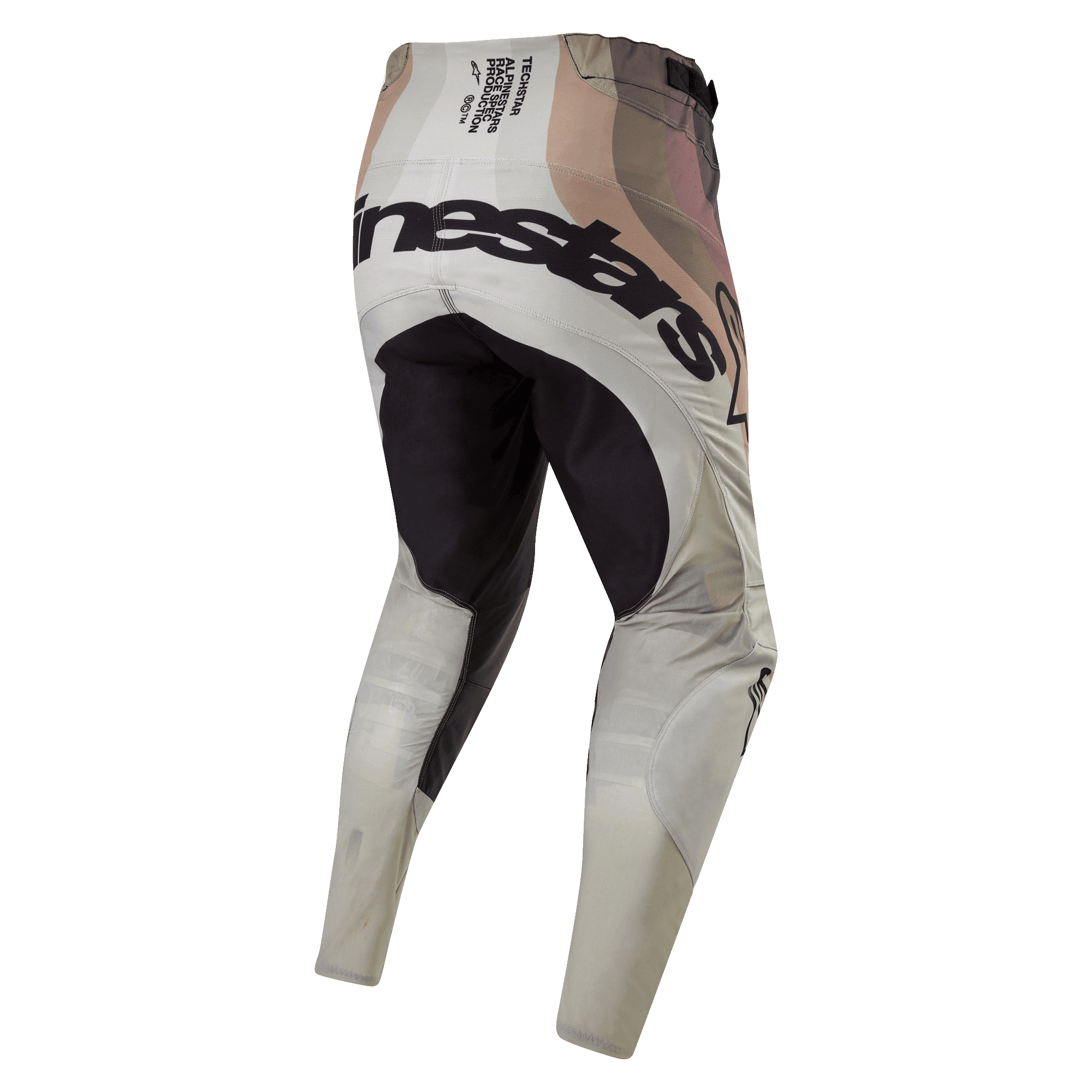 Alpinestars 2024 Techstar Pneuma Pants, Motocross Pants, Dark Sand and Iron Dust Gray, rear view featuring black reinforced seat panel and bold Alpinestars branding across the back, technical race spec text on the waistband, earthy camouflage-style design, durable textile construction for off-road racing
