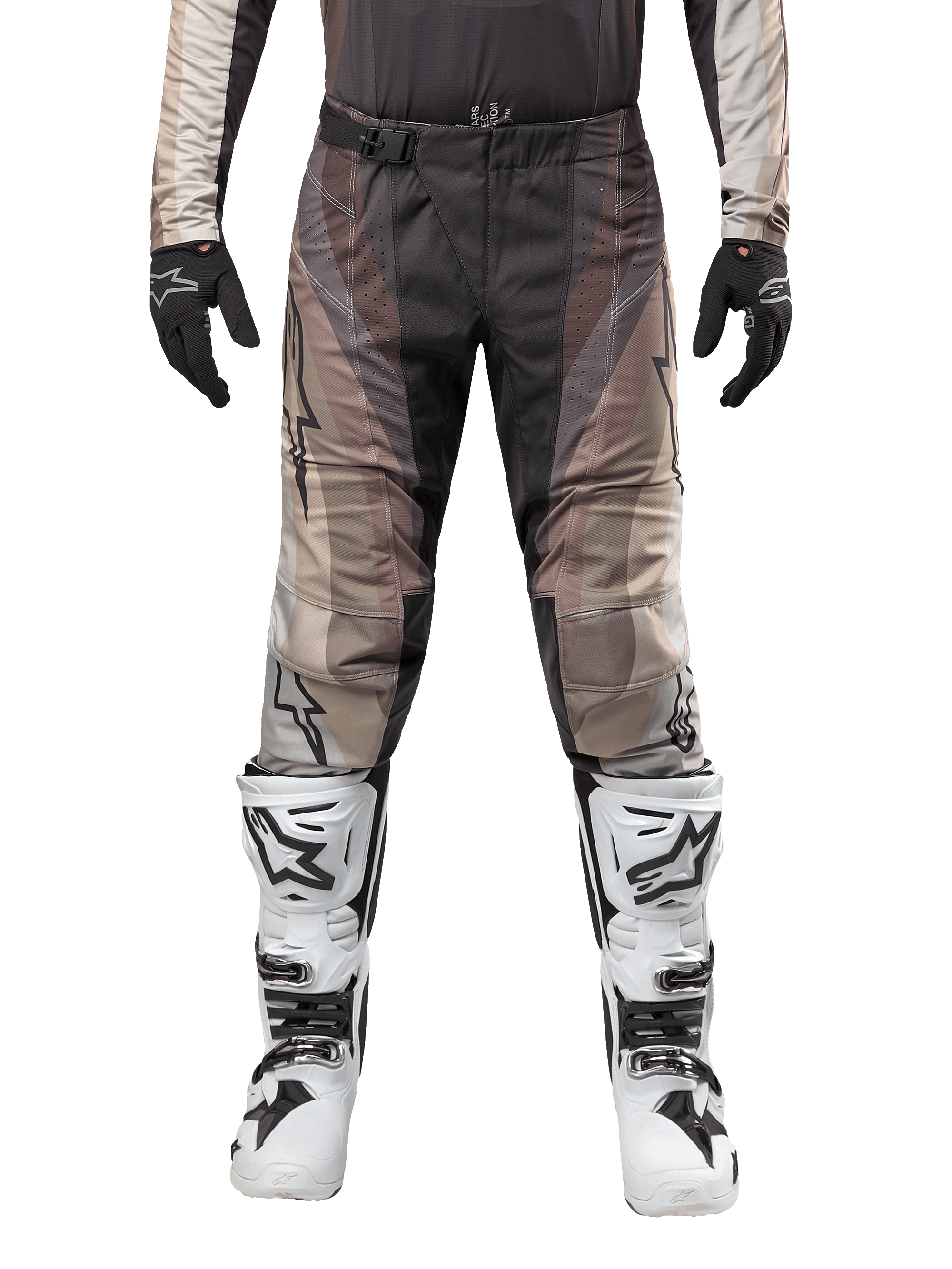 Alpinestars 2024 Techstar Pneuma Pants, Motocross Pants, Dark Sand Iron Dust Gray, worn with matching jersey, black gloves, and white and black boots, featuring SX2 magnetic buckle and Astars branding, durable off-road racing gear