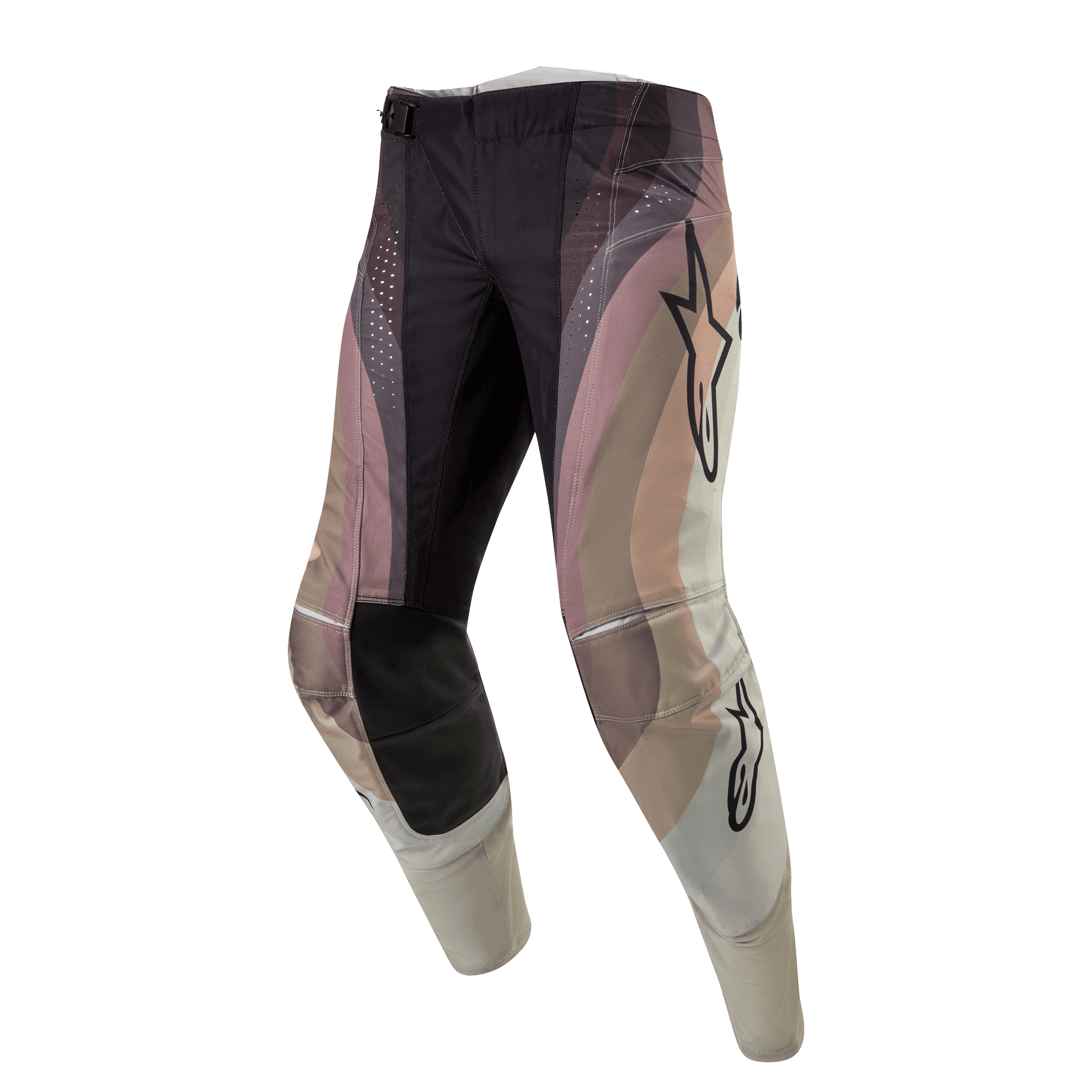 Alpinestars 2024 Techstar Pneuma Pants, Motocross Pants, Dark Sand, Iron Dust, and Gray, featuring a wavy color-blocked design with Alpinestars star logos, black reinforced knee panels and laser-cut perforations, durable off-road racing gear