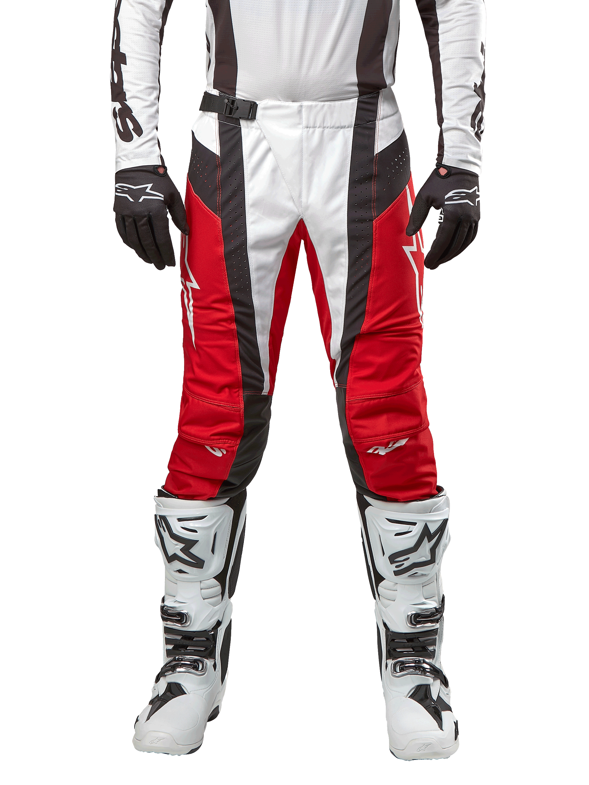 Alpinestars 2024 Techstar Ocuri Pants, Motocross Pants, Mars Red White and Black, front view worn with matching white jersey, black gloves and white boots, featuring breathable perforated panels and a racing-inspired cut for off-road performance.