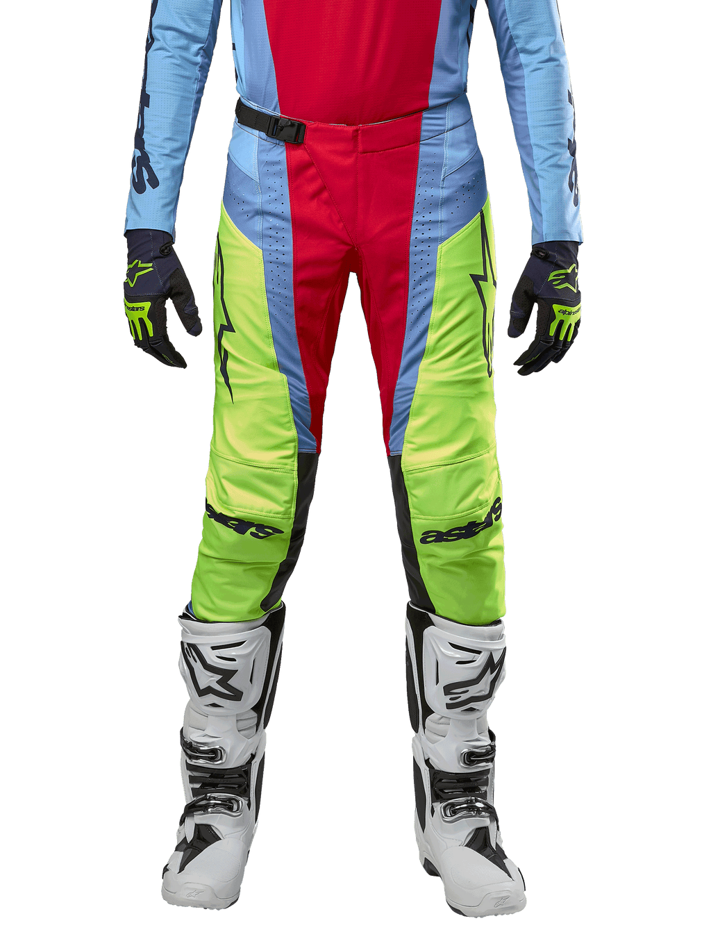 Alpinestars 2024 Techstar Ocuri Pants, Motocross Pants, Light Blue, Yellow Fluo, and Red Berry, worn with matching jersey and white motocross boots, featuring vibrant color-blocked panels and black logos, durable racing-fit design