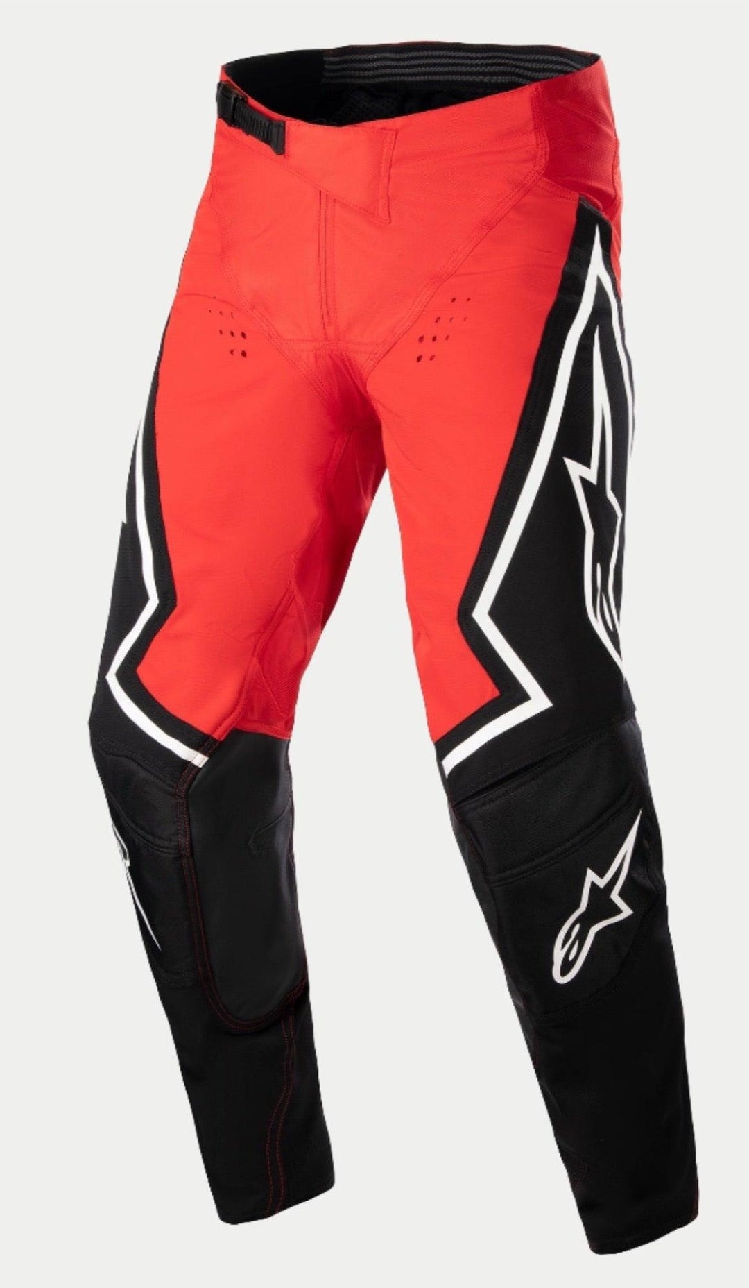 Alpinestars Techstar Acumen LE Pants, Motocross Pants, Red Black and White, featuring a red upper chassis with black lower leg sections, white star logos on the sides, and a black adjustable waist buckle, durable off-road racing gear.