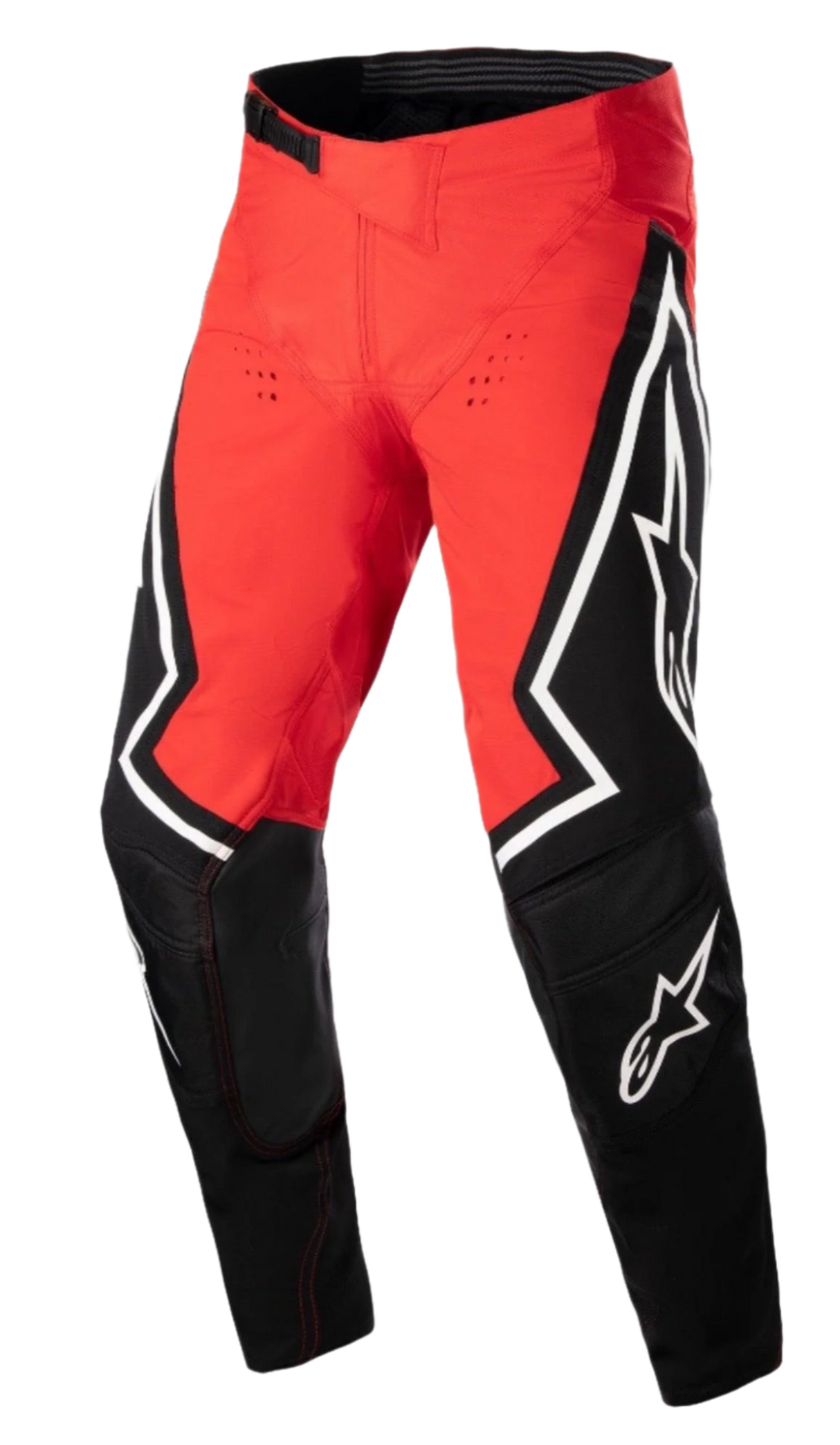 Alpinestars Techstar Acumen LE Pants, Motocross Pants, Red Black and White, featuring black panels with large white star logos, articulated 3D knee design, and durable textile construction for high-performance off-road racing.
