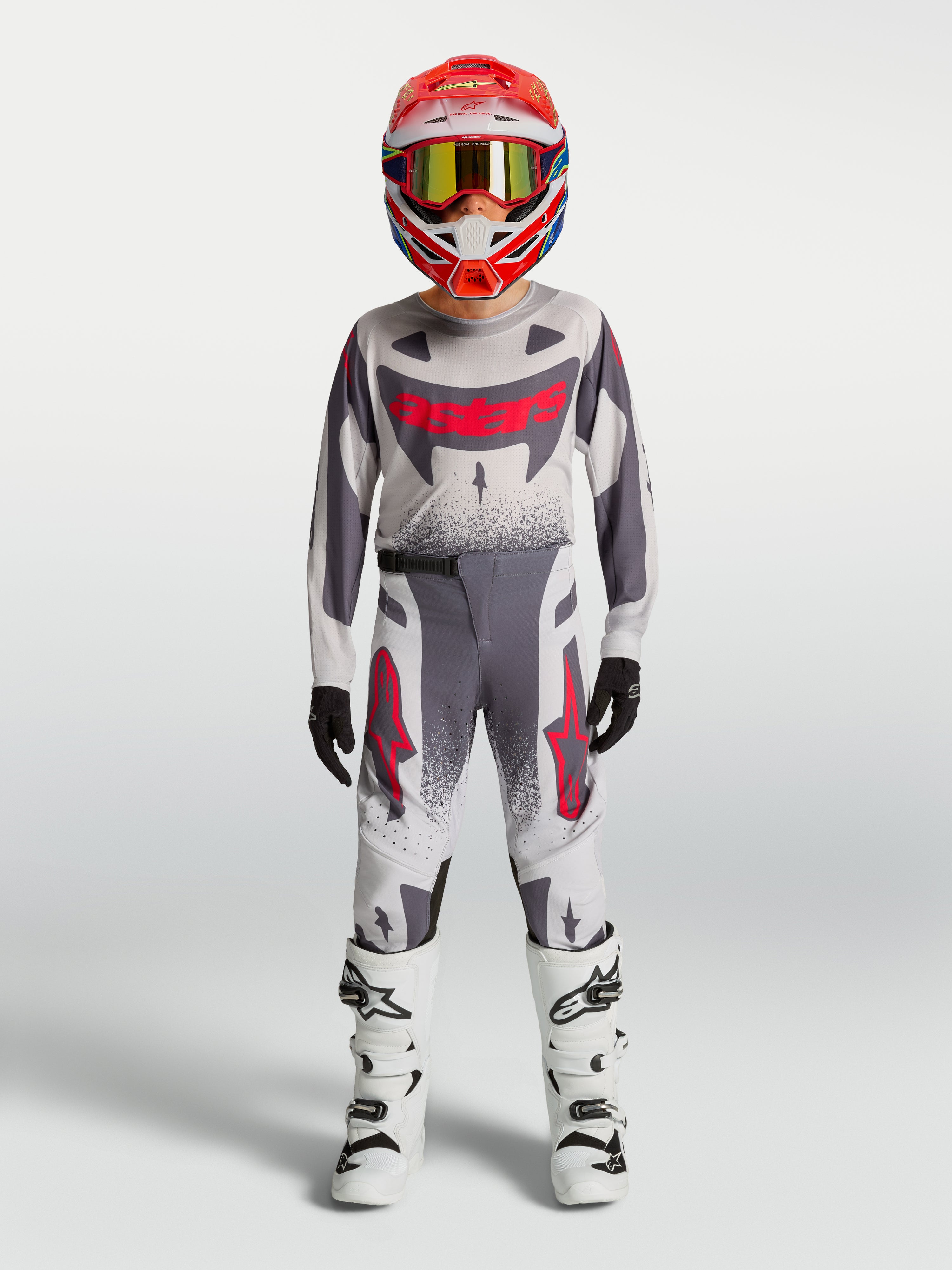 Alpinestars Youth Supertech Swan Pants, gray and red fluo motocross racing gear, youth gear set, performance athletic fit.