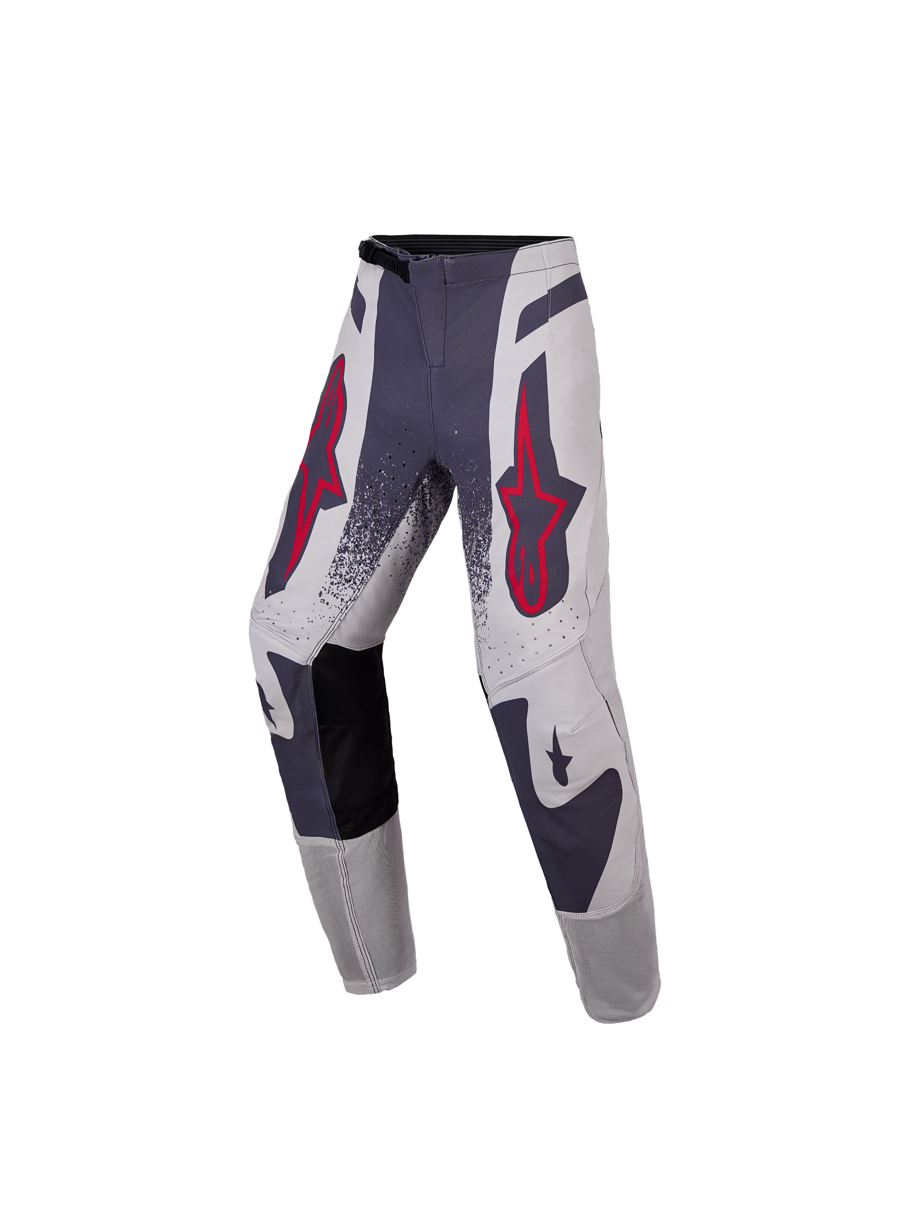 Alpinestars 2027 Youth Supertech Swan Pants, gray and red fluo motocross gear with stretch rip-stop textile.