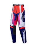 Alpinestars 2025 Youth Racer Wurx Pants, Motocross Pants, Red Blue Pink and White, bold geometric pattern with pink-to-red gradients, black leather inner knee panels, adjustable waist, durable textile construction for youth off-road racing