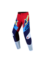 Alpinestars 2027 Youth Supertech Dyna Pants, youth motocross racing pants in fire red and navy blue with stretch panels.