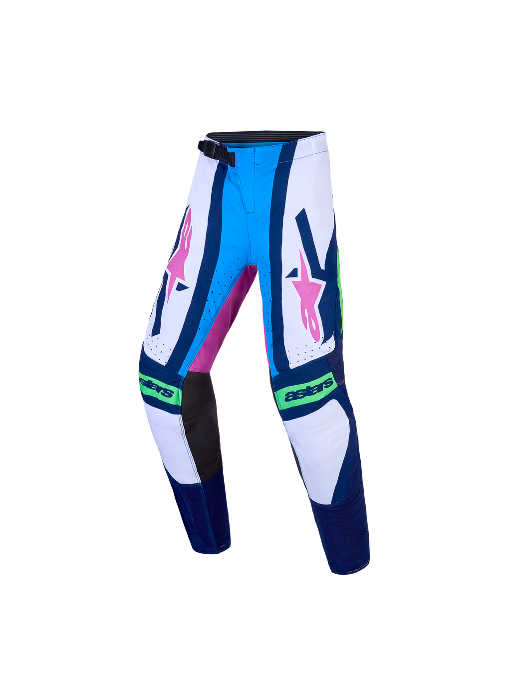 Alpinestars Youth Supertech Maven Pants, blue and white motocross racing pants with pink graphics and athletic stretch fit.