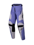 Alpinestars 2025 Youth Racer Veil Pants, Motocross Pants, Purple and White with Black, featuring goat leather inner knee panels and a pre-curved ergonomic design, durable off-road riding gear for youth