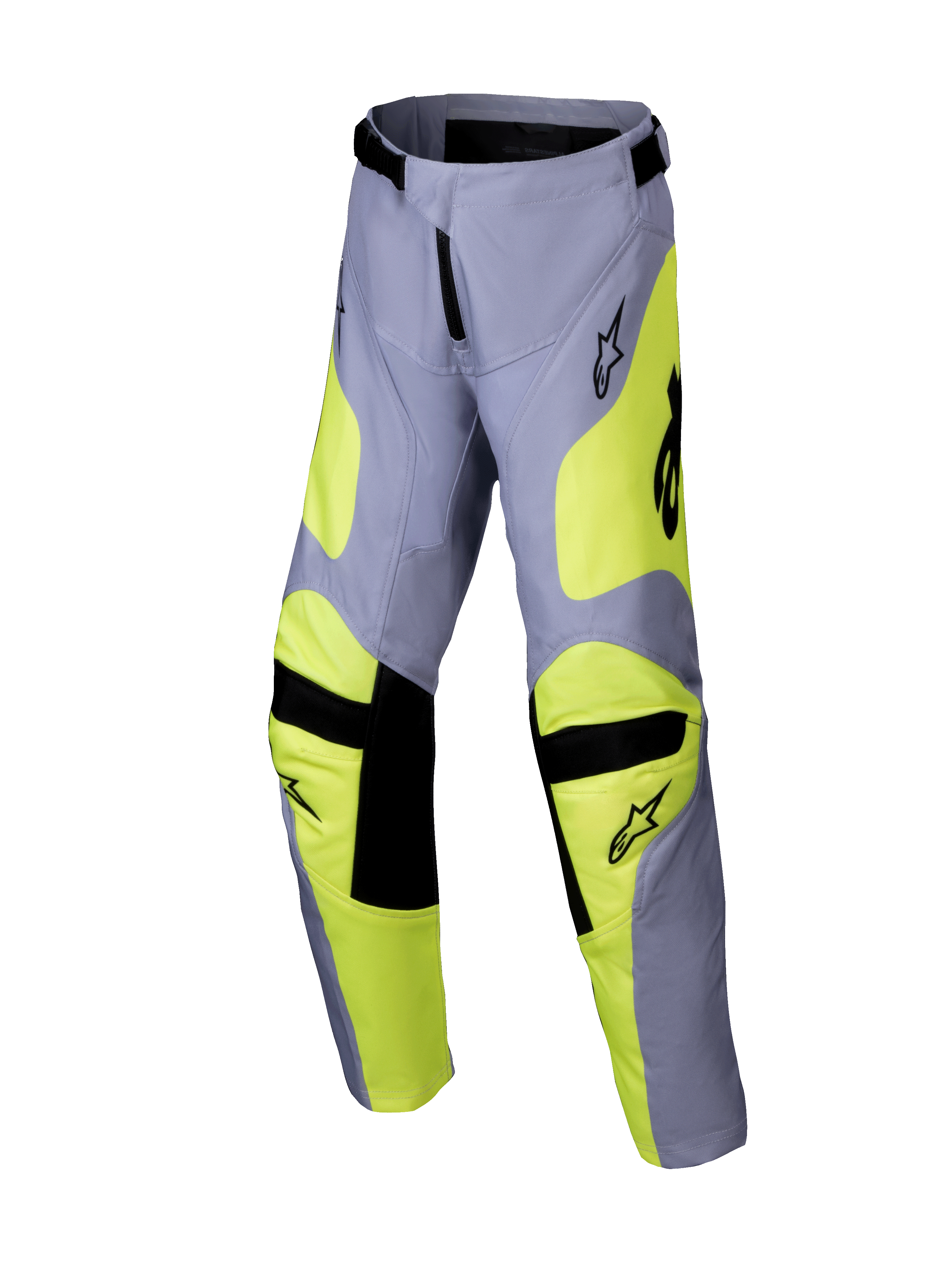 Alpinestars 2025 Youth Racer Veil Pants, Motocross Pants, Gray and Yellow Fluo, black accents on knees and waist, sporty design with pre-curved legs and logos, durable off-road racing gear