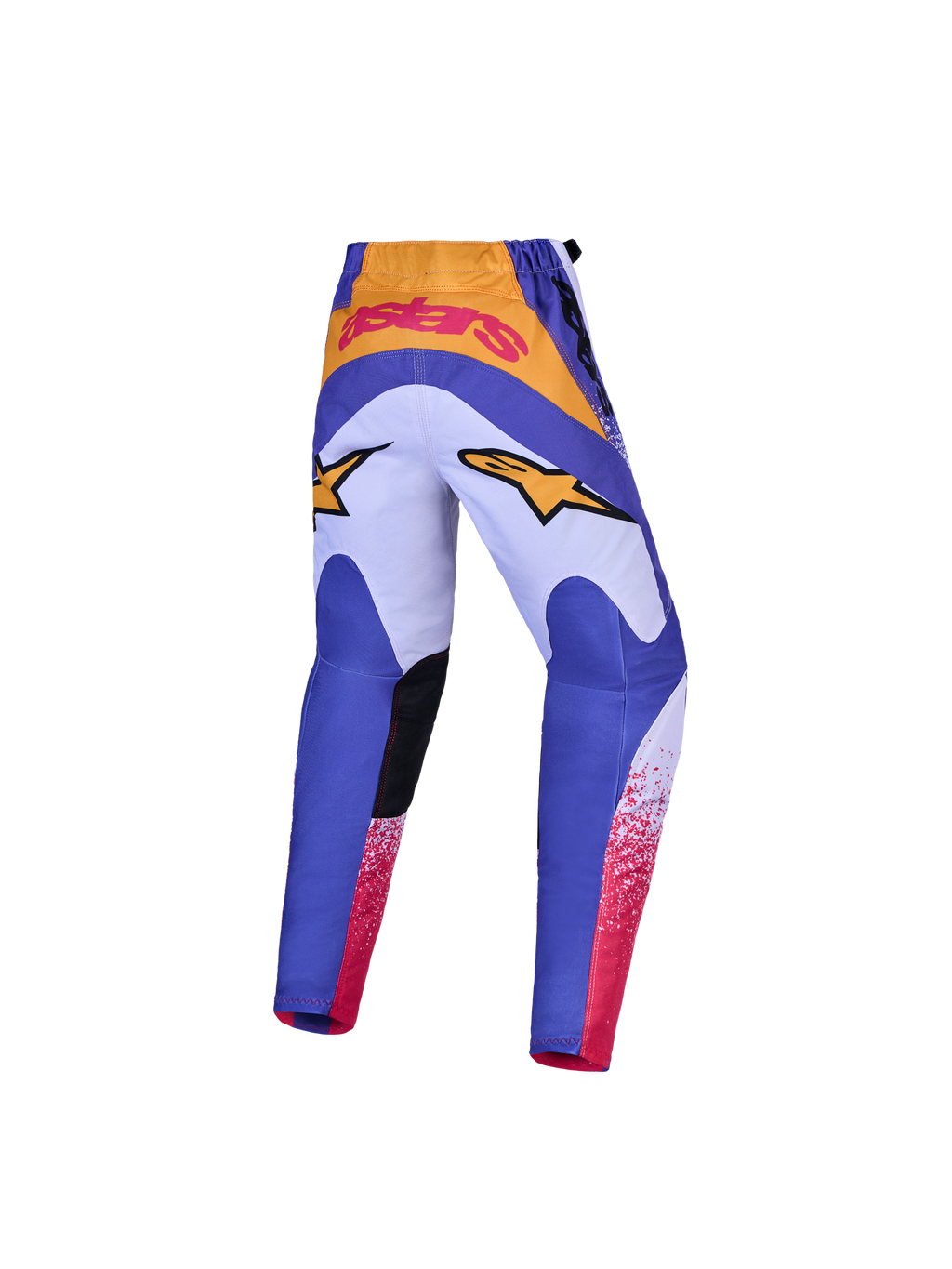 Alpinestars Youth Fluid Drag Pants and Gear Set, blue and lilac motocross pants with gold accents and reinforced seat.