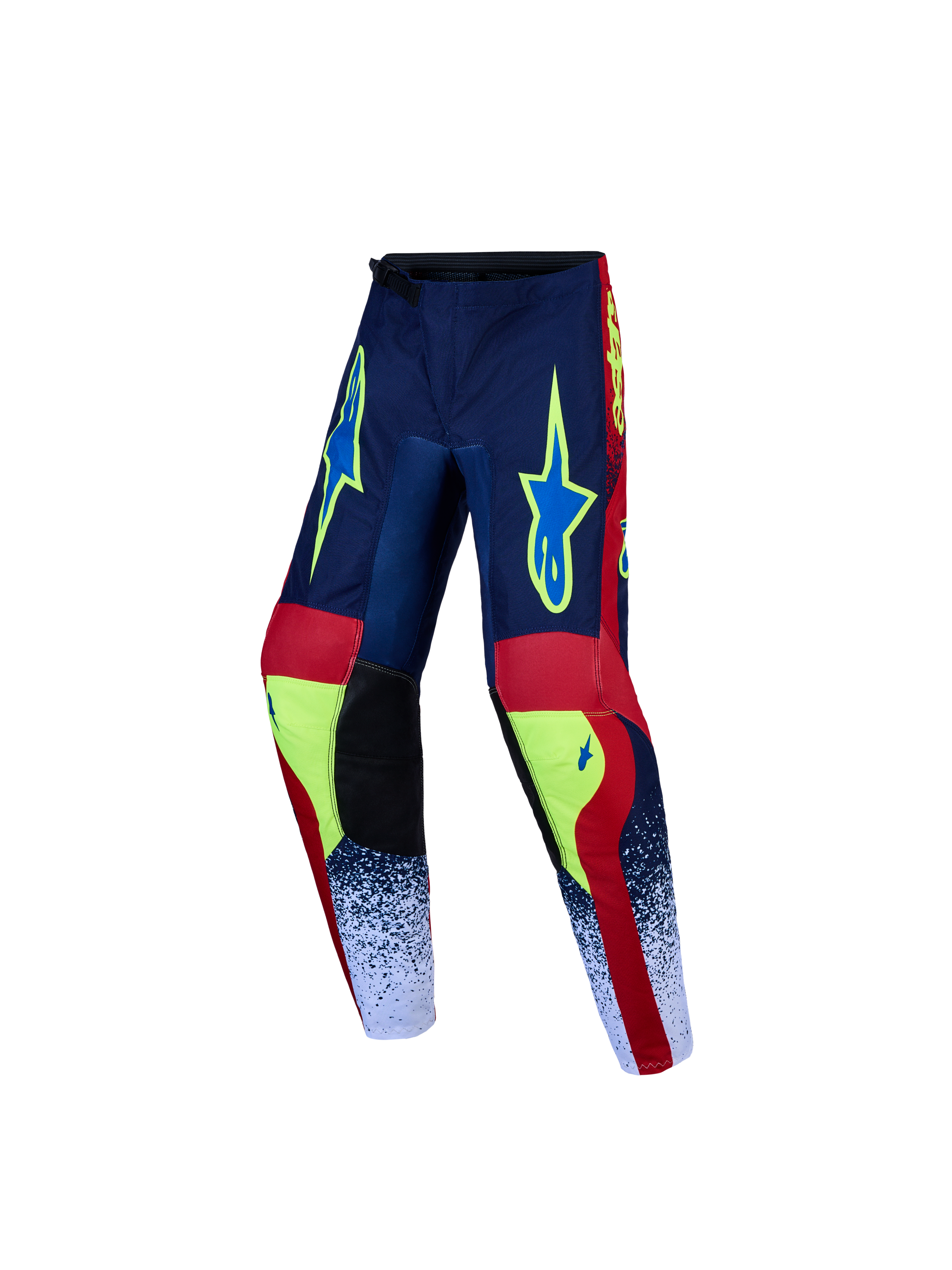 Alpinestars Youth Fluid Drag Pants, Motocross Racing Pants, Navy Blue and Fire Red, durable textile with pre-curved design.