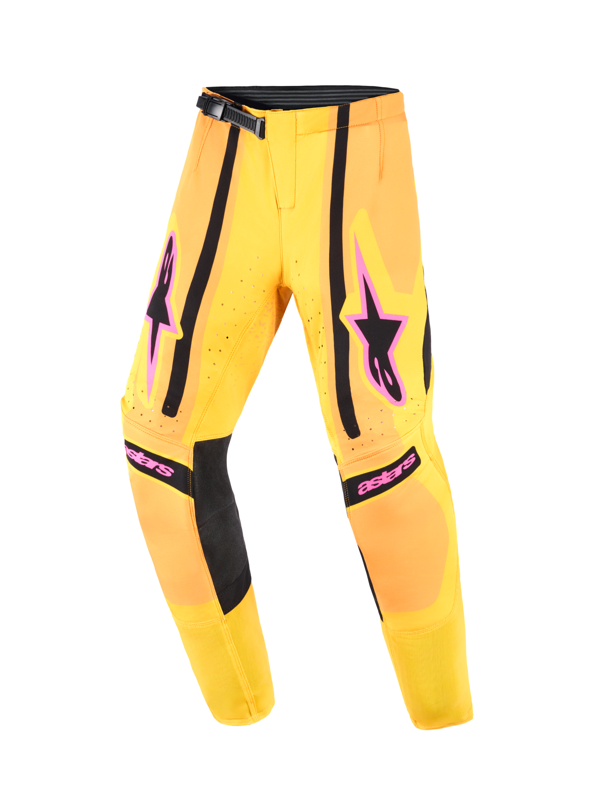 Alpinestars 2026 Youth Supertech Nomur Pants, Motocross Pants, Orange Yellow and Pink, featuring black stripes, pink Alpinestars logos on thighs and knees, ratchet waist closure, durable textile design for off-road racing