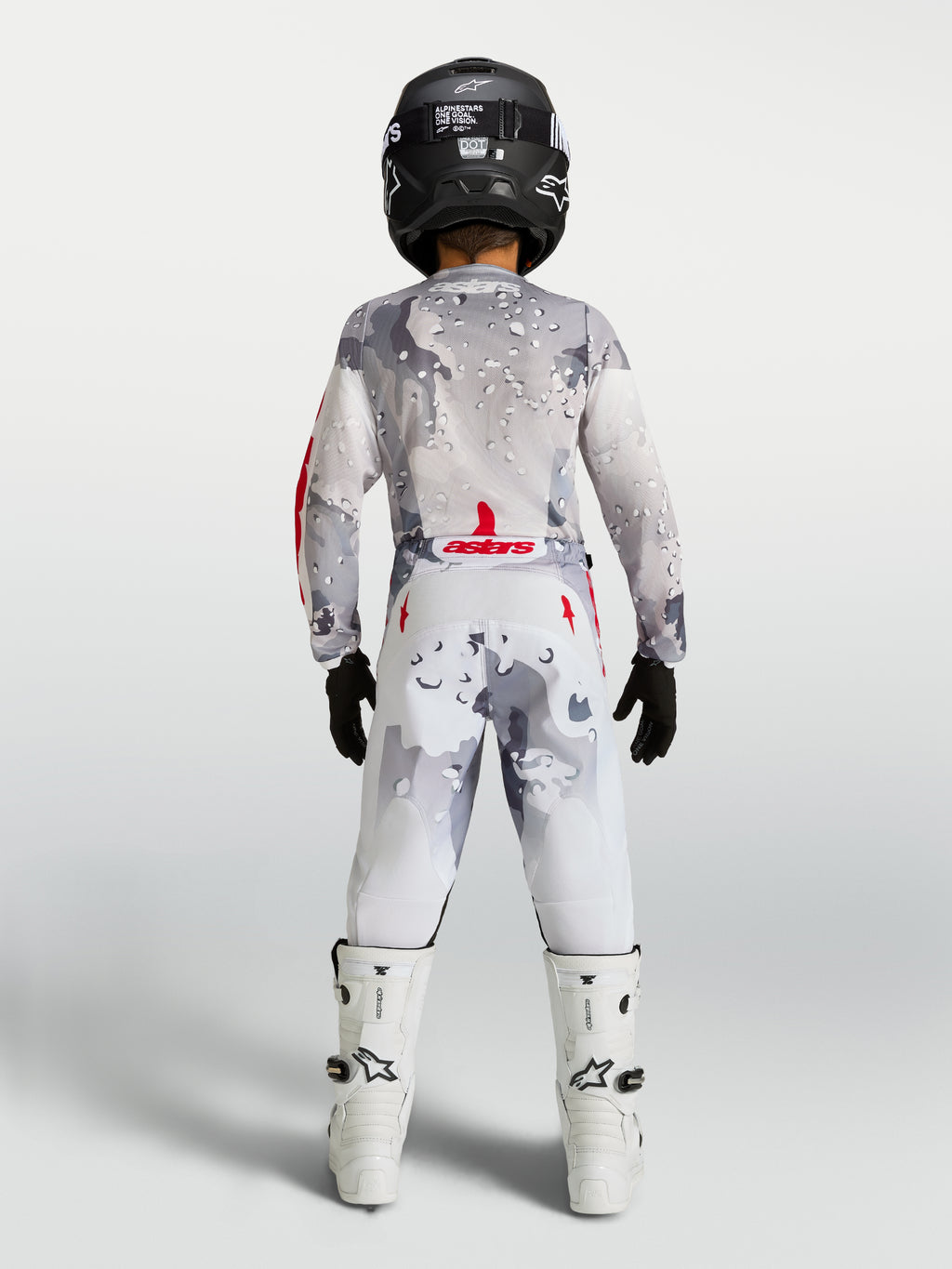 Alpinestars Youth Fluid Lone Pants in Gray Camo and White, motocross racing gear for young riders, back view.