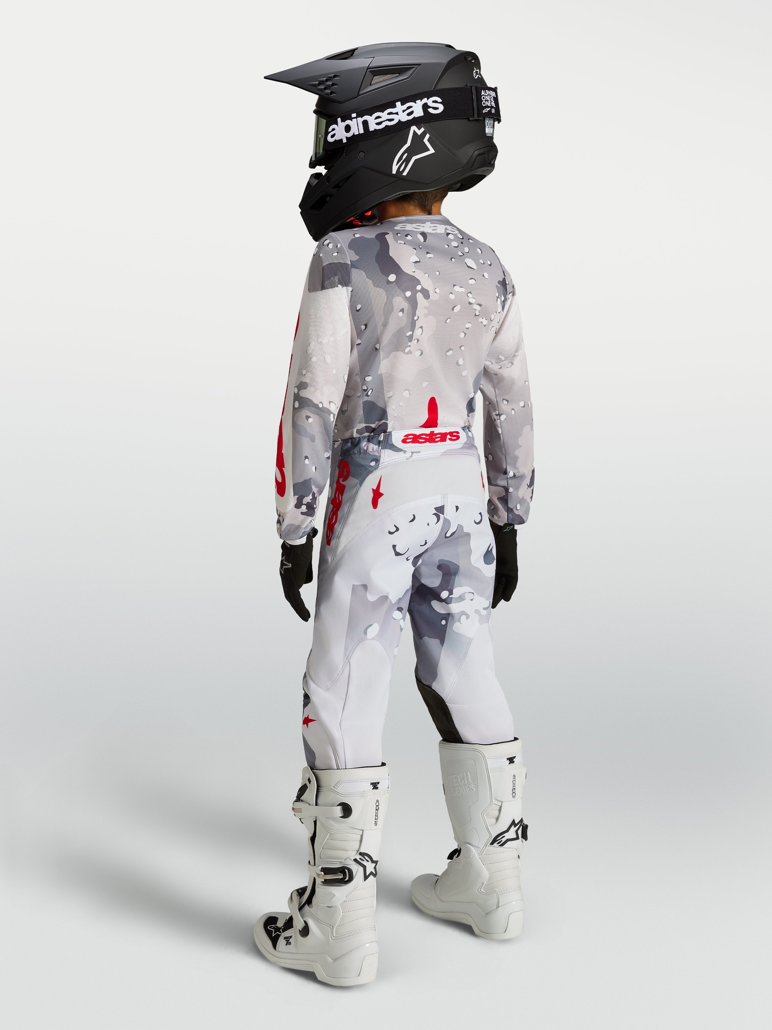 Alpinestars Youth Fluid Lone Pants, gray camo and white motocross gear with red accents, shown on a youth rider from behind.