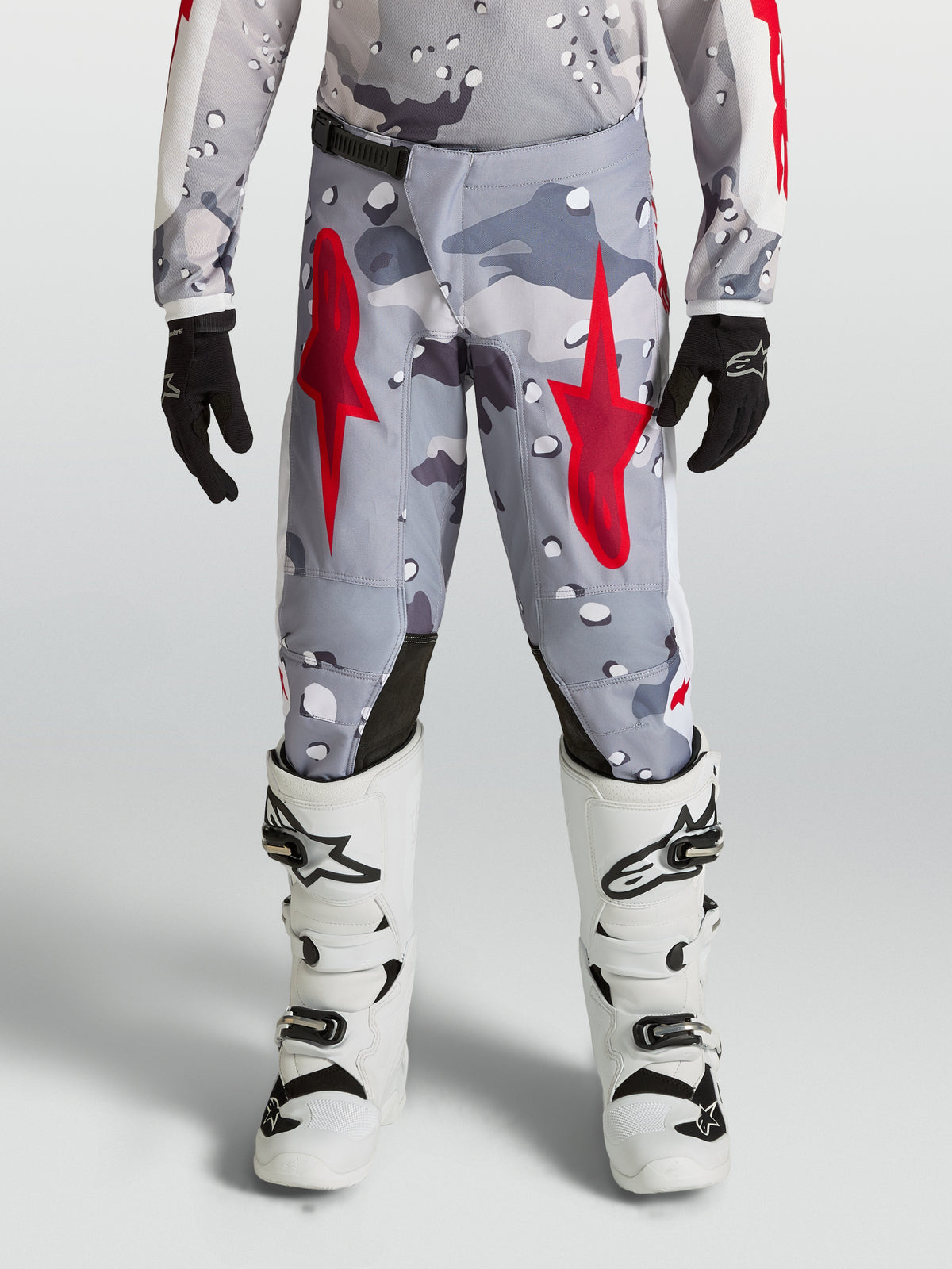 Alpinestars Youth Fluid Lone Pants in gray camo and fire red for motocross, featuring durable polyfabric construction.