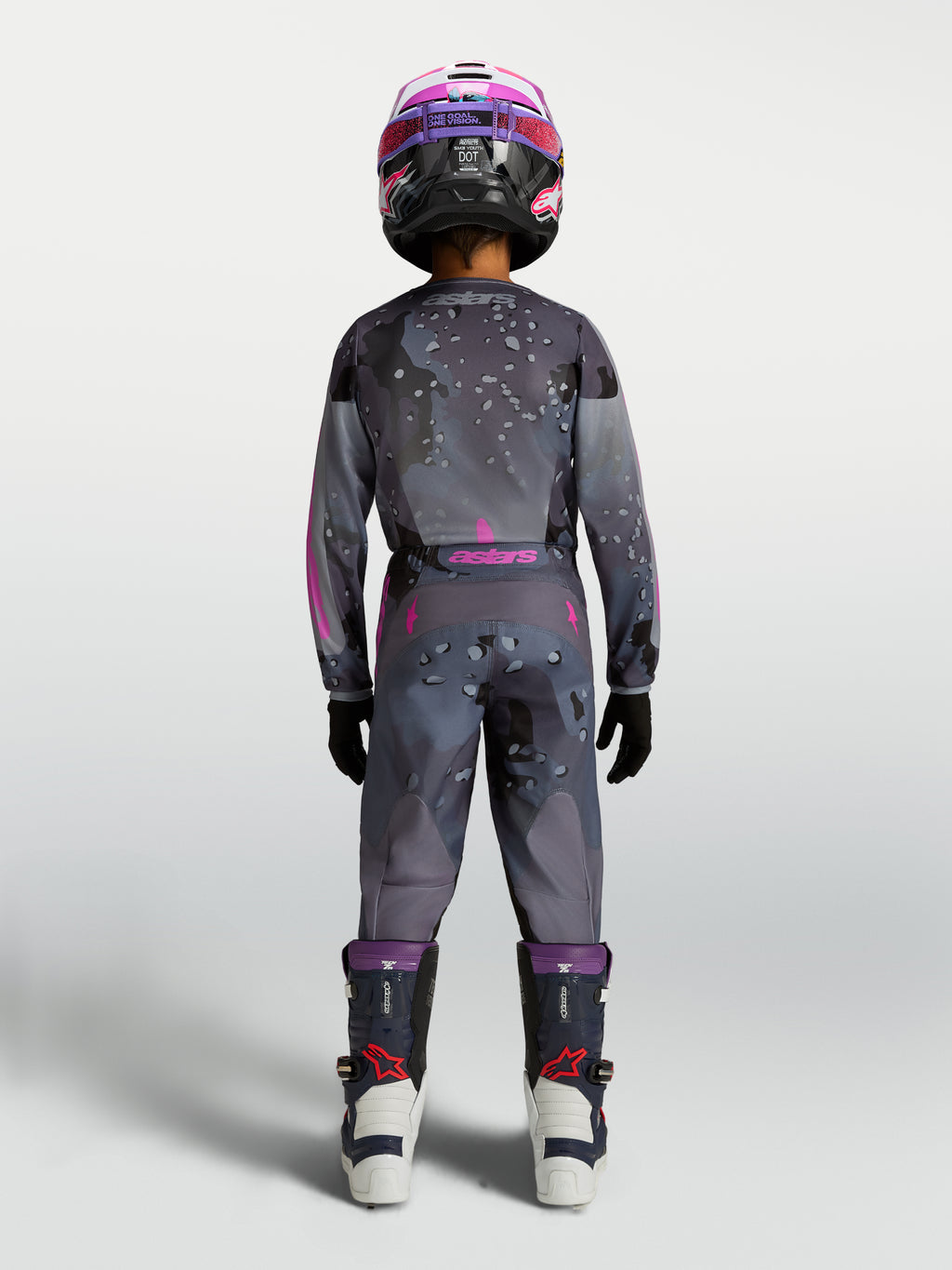 Alpinestars Youth Fluid Lone Pants, Youth Motocross Riding Pants, Gray Camo Purple, durable textile back view on-model.