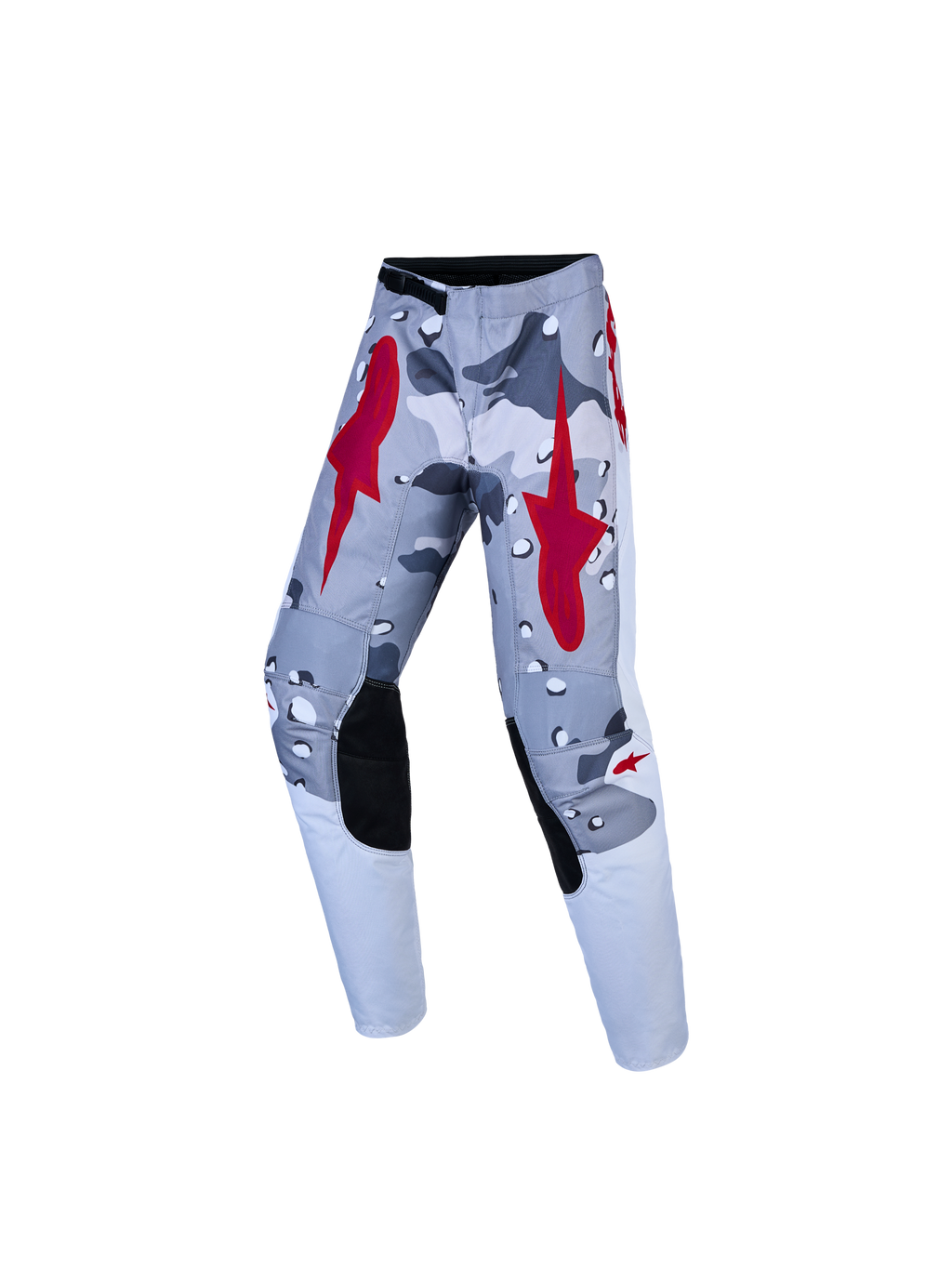 Alpinestars Youth Fluid Lone Pants in gray camo and fire red for motocross, featuring reinforced knees.