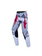 Alpinestars Youth Fluid Lone Pants in gray camo and fire red for motocross, featuring reinforced knees.
