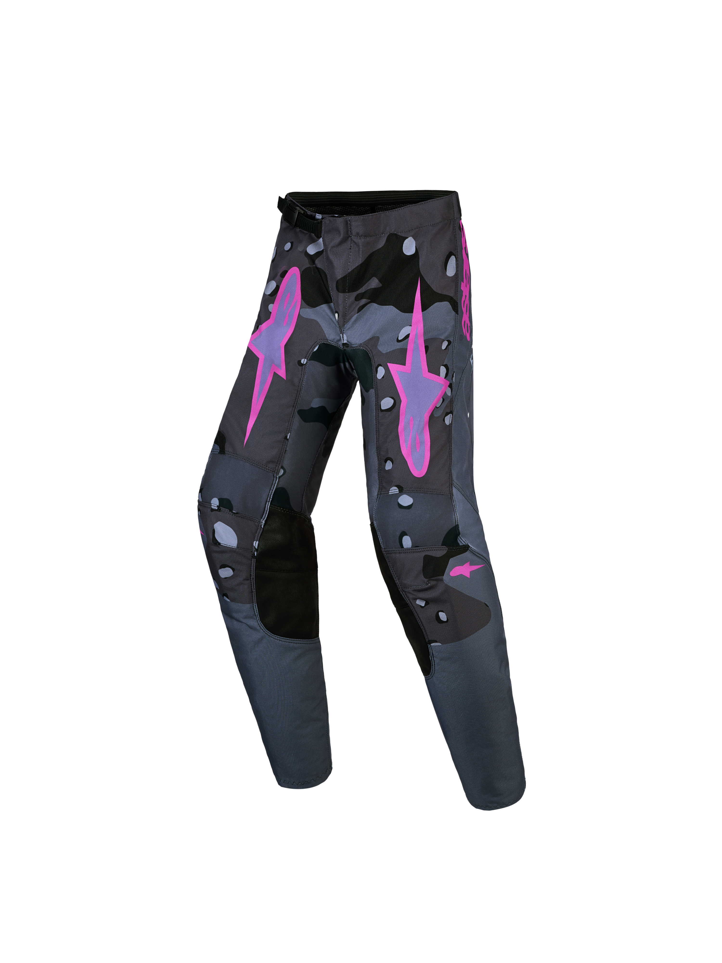 Alpinestars Youth Fluid Lone Pants, gray camo and purple motocross racing pants with durable polyfabric.