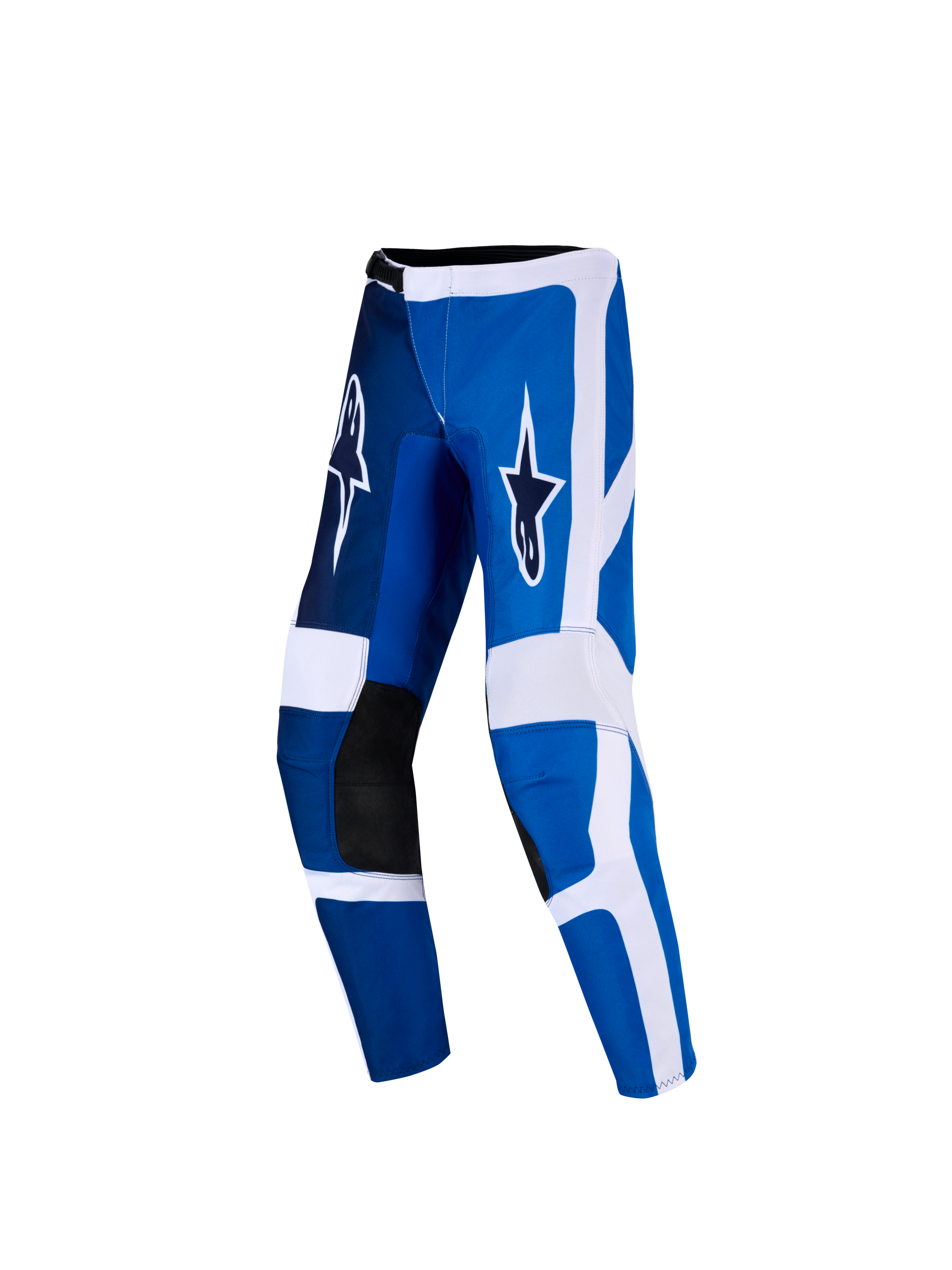 Alpinestars 2026 Youth Fluid Portl Pants, Motocross Pants, UCLA Blue and White, featuring black reinforced inner knees and white star logos on the thighs, athletic design for off-road racing.