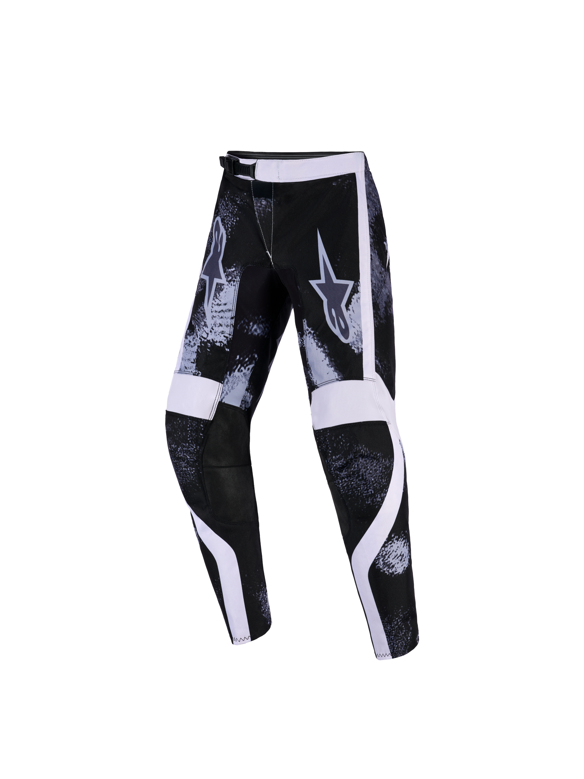 Alpinestars 2026 Youth Fluid Lahnd Pants, Motocross Pants, Iron Camo with Black and White accents, featuring a camouflage pattern, white graphic panels, and reinforced inner knees, designed for youth off-road racing