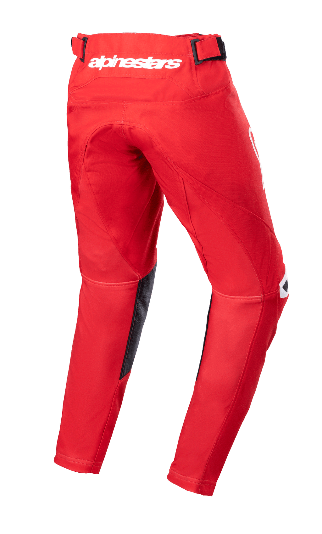 Alpinestars Youth 2023 Racer Narin Pants, Motocross Pants, Mars Red and White, Back view showing white Alpinestars branding on the rear waist, black leather inner leg panels, pre-curved ergonomic design for off-road riding